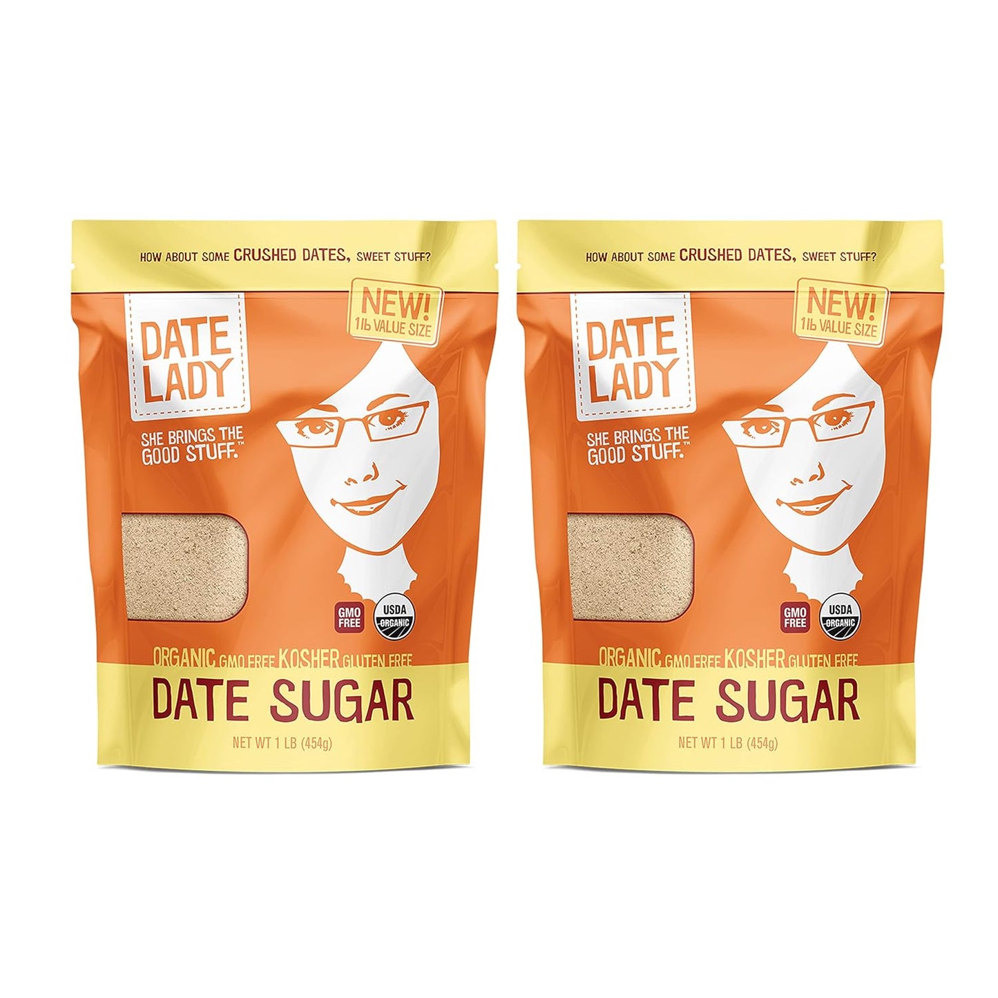 Date Lady Date Sugar, 1 lb, Organic | 100% Whole Food | Vegan, Paleo, Gluten-free & Kosher | Sugar Substitute and Alternative Sweetener for Baking | Will Not Dissolve in Your Coffee (2 Bags)