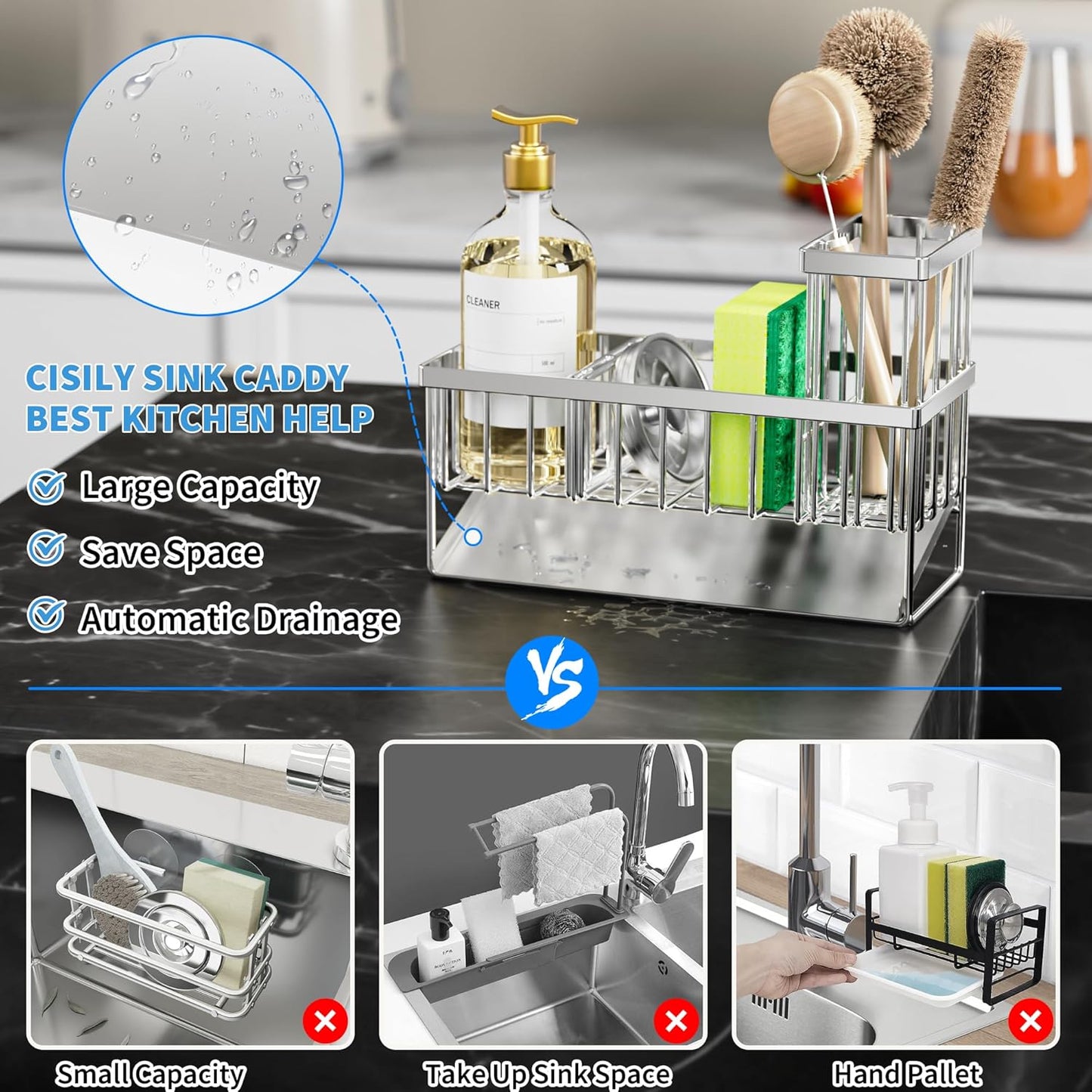 Cisily Sink Caddy Sponge Holder for Kitchen, 304 Stainless Steel Rustproof, Kitchen Sink Caddy with High Brush Holder, Dish Sponge Organizer with Divider(Silver)