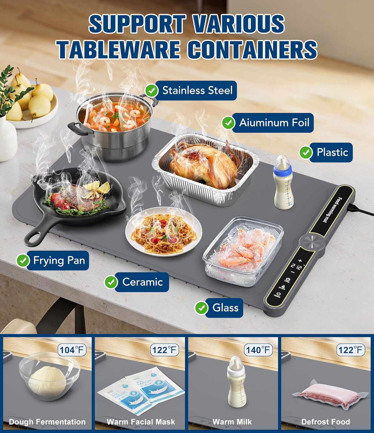 Food Warming Mat, Rapid Heating Electric Warming Tray with 9 Temp Setting and 6 Hours Timer, Foldable Warming Mat for Food, Portable Food Warmers for Parties Buffet, Gray