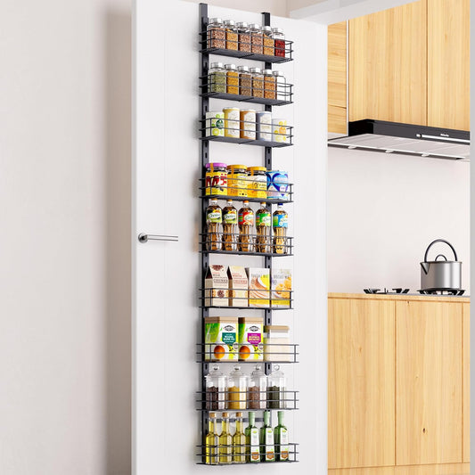 Pantry Door Organizer 12 Inch Wide, 9 Tier Hanging Adjustable Over the Door Spice Rack For Narrow Space,Matt Black