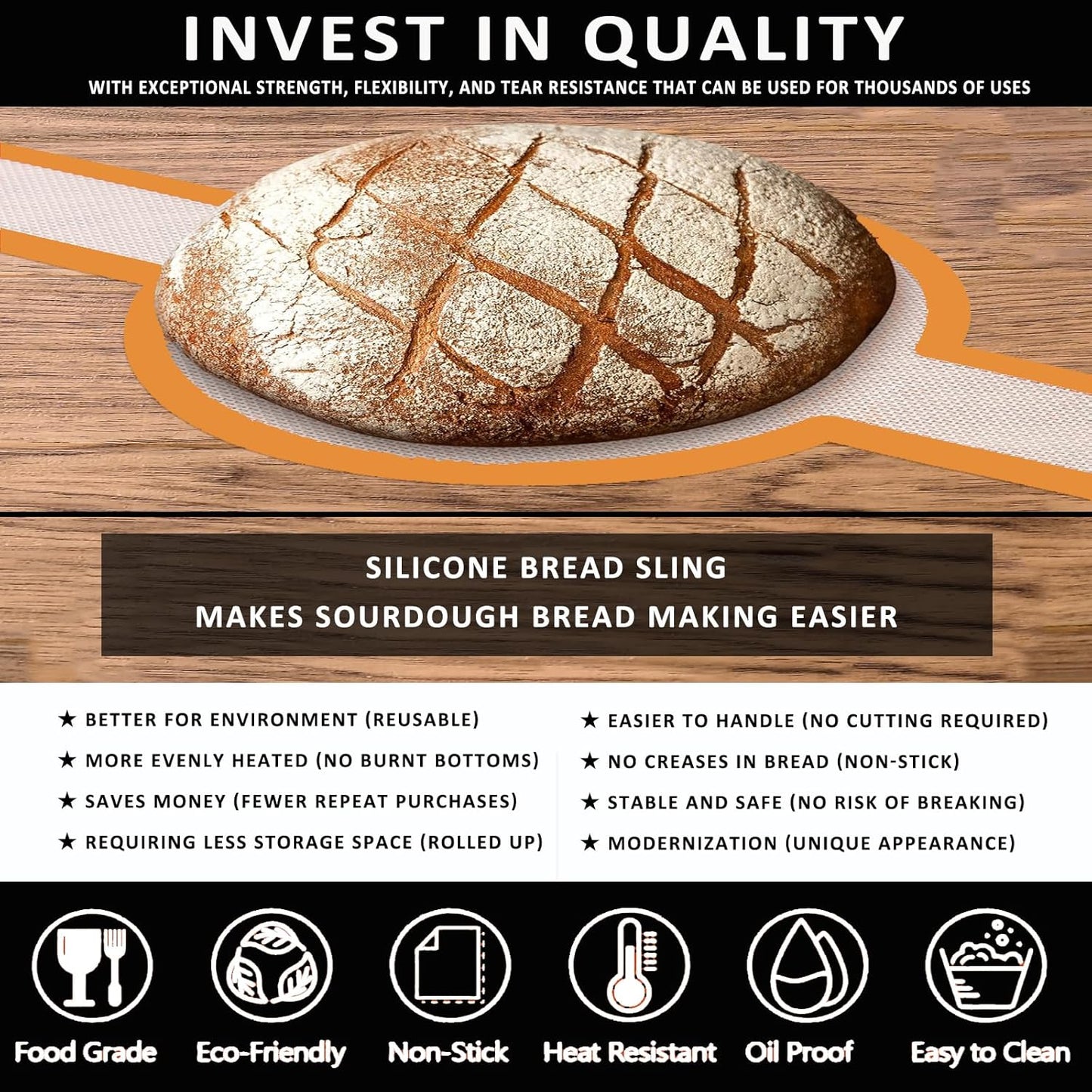 Silicone Bread Sling Oval and Round for Dutch Oven, KITMAL Non Stick Reusable Silicone Baking Mat with Long Handles Sourdough Bread Baking Supplies and Making Tools, Orange