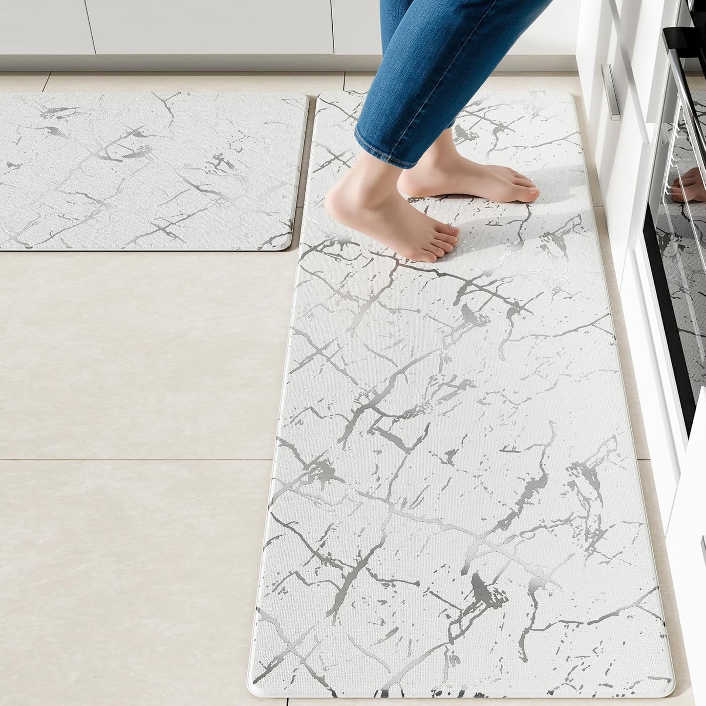 Silver Foil Stamped Marble Kitchen Mats for Floor 2PCS Cushioned Anti Fatigue Non Slip Waterproof Comfort Leather Kitchen Rugs 2/5 Inch PVC Kitchen Mats for Sink, Laundry, 17.3"x28"+17.3"x59",White
