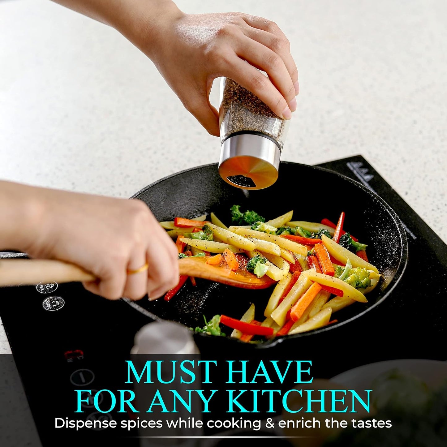 Salt and Pepper Shakers Set with Adjustable Pour Holes - Stainless Steel Spice Dispenser - Perfect for Pink Himalayan, Table Salt, Black and White Pepper