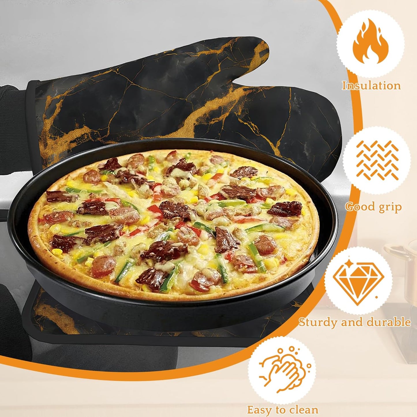 Marble Oven Mitts and Pot Holders Set,Black Gold Marble Kitchen Decor Heat Resistant Non Slip Hot Pads and Oven Mitt for Chef Cooking Baking BBQ Mom Girl Gifts(4 Piece Set)