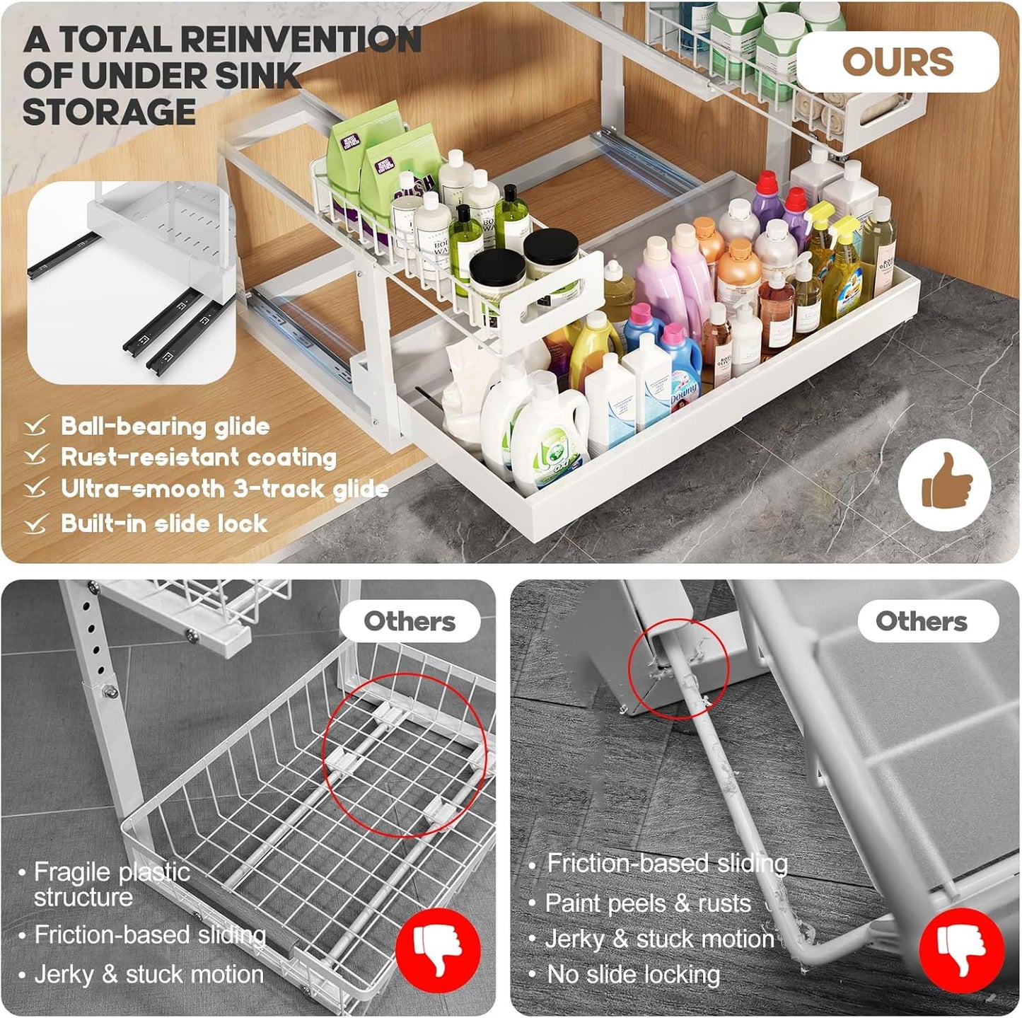 1 Pack-15.7"-25.7"W Expandable Under Sink Organizer With Upgrade Ball-Bearing Slide,2-Tier Pull Out Under Cabinet Organizer Height Adjustable,Not Suitable For Cabinets With Partitions In The Middle