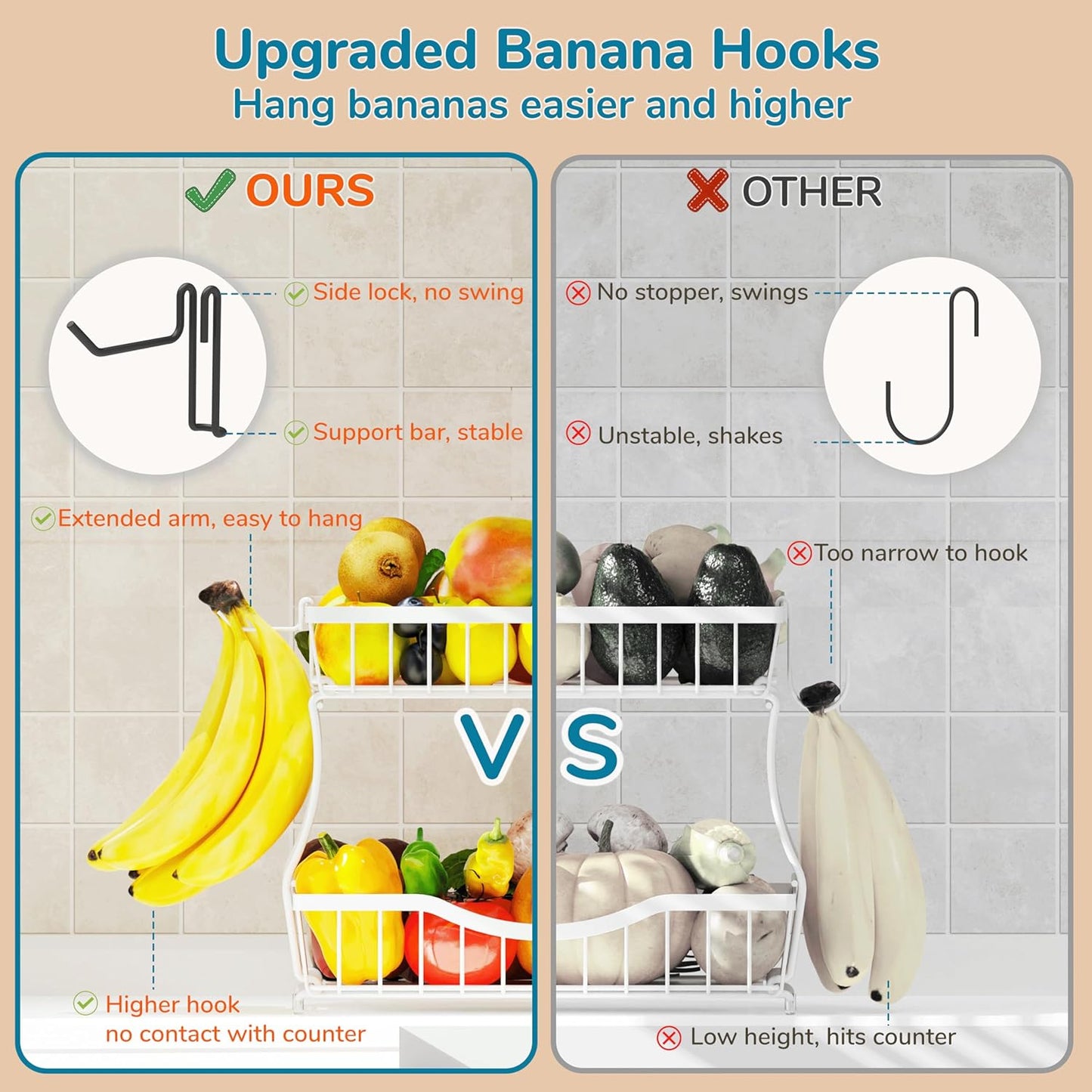 Large 2-Tier Fruit Basket for Kitchen Counter with 2 Banana Hangers – Metal Fruit Bowl for Onion, Vegetable, Snacks, Breads Storage – Countertop Organizer – White