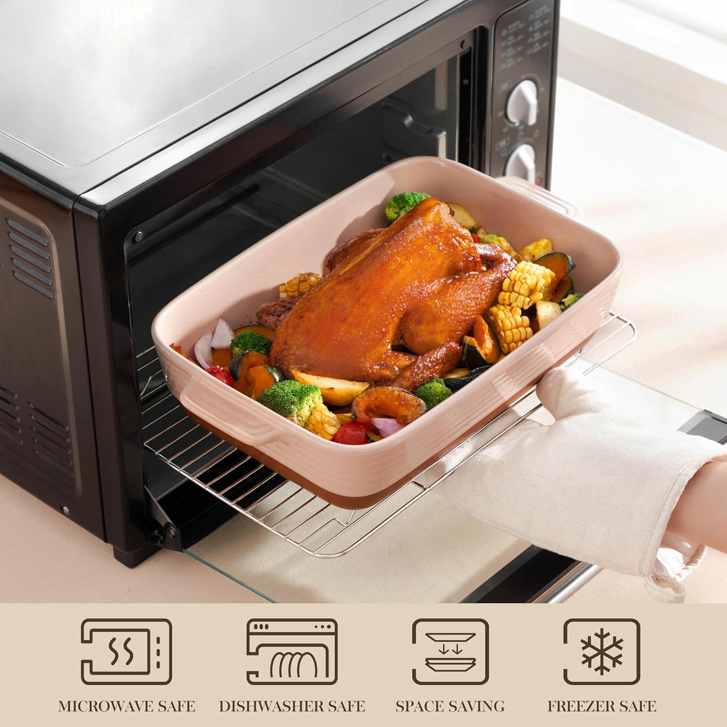 MALACASA 4.8 Qt Ceramic Oven Dish with Handles, 9 x 13 Inch Baking Dish Casserole Dishes, Deep Rectangular Lasagne Dishes Bakeware for Roasting (Khaki & Pink), Series TARA