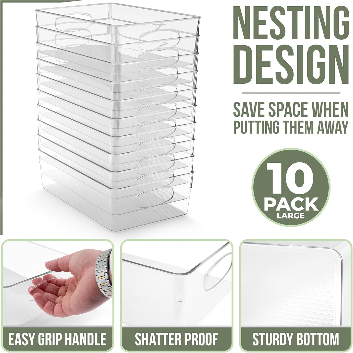 Sorbus 10-Pack Large Clear Plastic Organizing Bins – Clear Bins for Organizing, Refrigerator Organizers, Fridge Organizer, Pantry Storage, Kitchen Organizer, and Pantry Organizers and Storage Bins