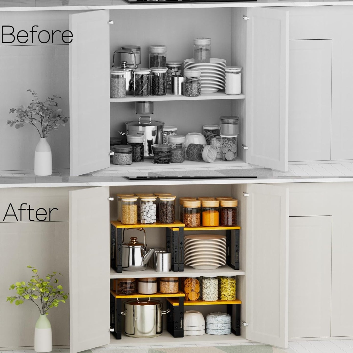 Expandable Kitchen Cabinet Organizer Shelves – Stackable Adjustable Metal and Wood Storage Racks for Countertop, Pantry, Garage Set of 2 Spice Rack – Easy Assembly, Space-Saving(1 Pack/Large/Black)