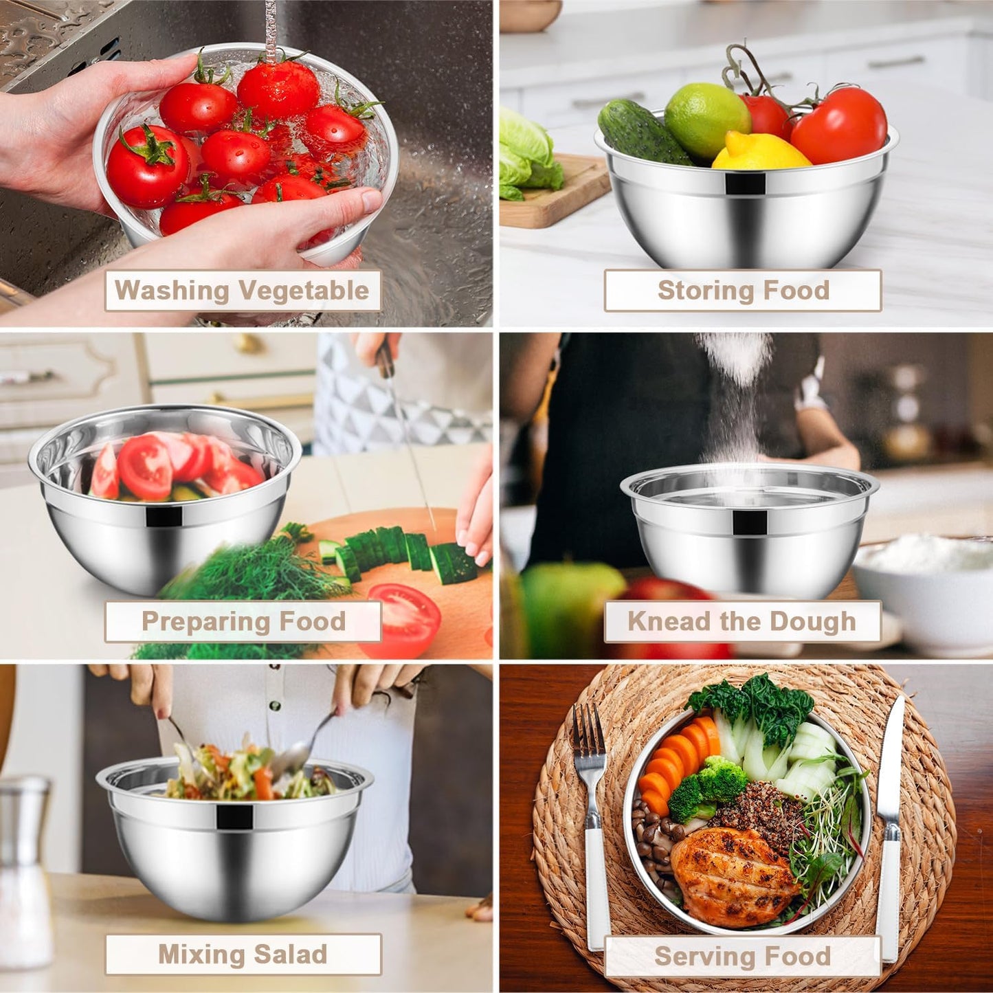 E-far Stainless Steel Mixing Bowls with Airtight Clear Lids Set of 7, Metal Nesting Bowls for Kitchen Prep, Baking, Cooking, Serving, Salad, Dishwasher Safe, Size 4.6, 3.5, 3, 2, 1.5, 1, 0.7QT, Khaki