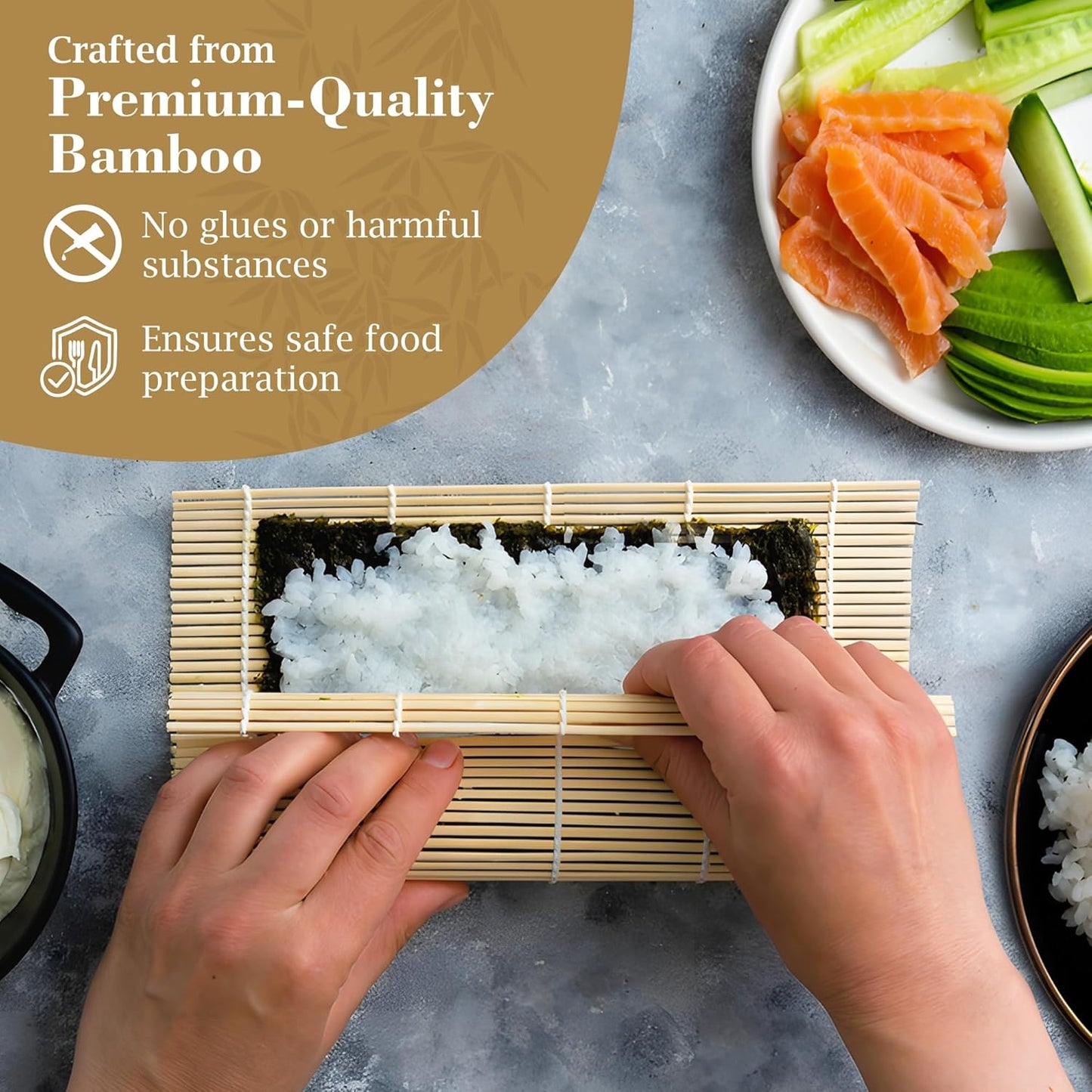 Fusion Select 3 Pk Bamboo Sushi Mat - Sushi Roller Mat for Making, Shaping & Molding Sushi Roll & Kimbap - Food-Safe Sushi Making Supplies, Tools & Accessories - Made of Natural Bamboo - 9.5x9.5