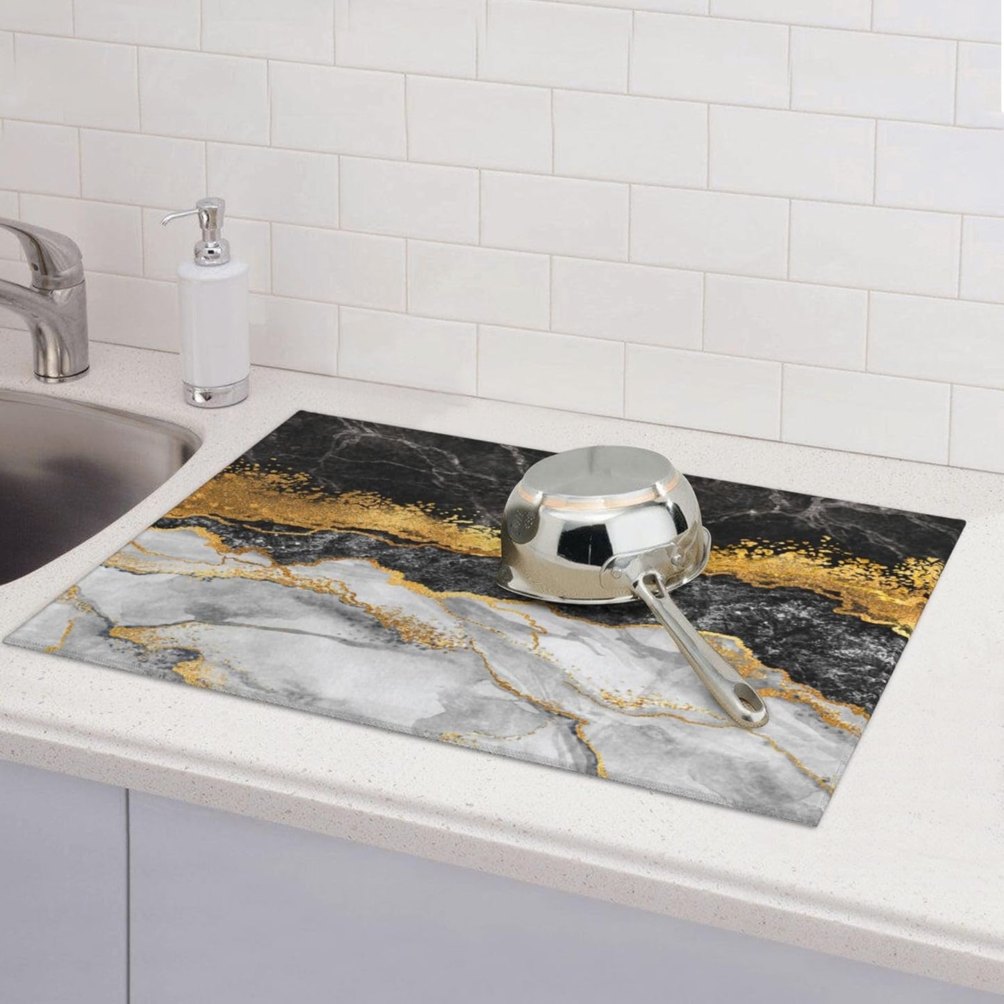 Gold and Black Grey Kitchen Drying Mat Black Gold Marble Decor Microfiber Dish Drainer Mat for Kitchen Counter Absorbent Reusable Washable 18x24 Inch