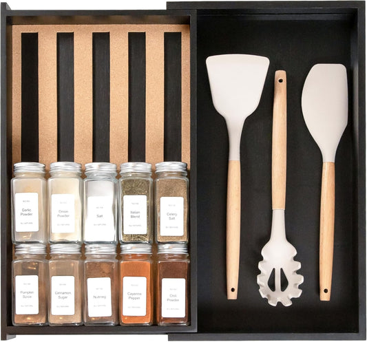 KitchenEdge Spice Drawer Organizer with Expandable Storage. Holds up to 15 Spice Jars (Not Included), Non-Slip Feet, Kitchen Accessory Storage, 100% Sustainable Bamboo Wood, Food-Safe Black Finish