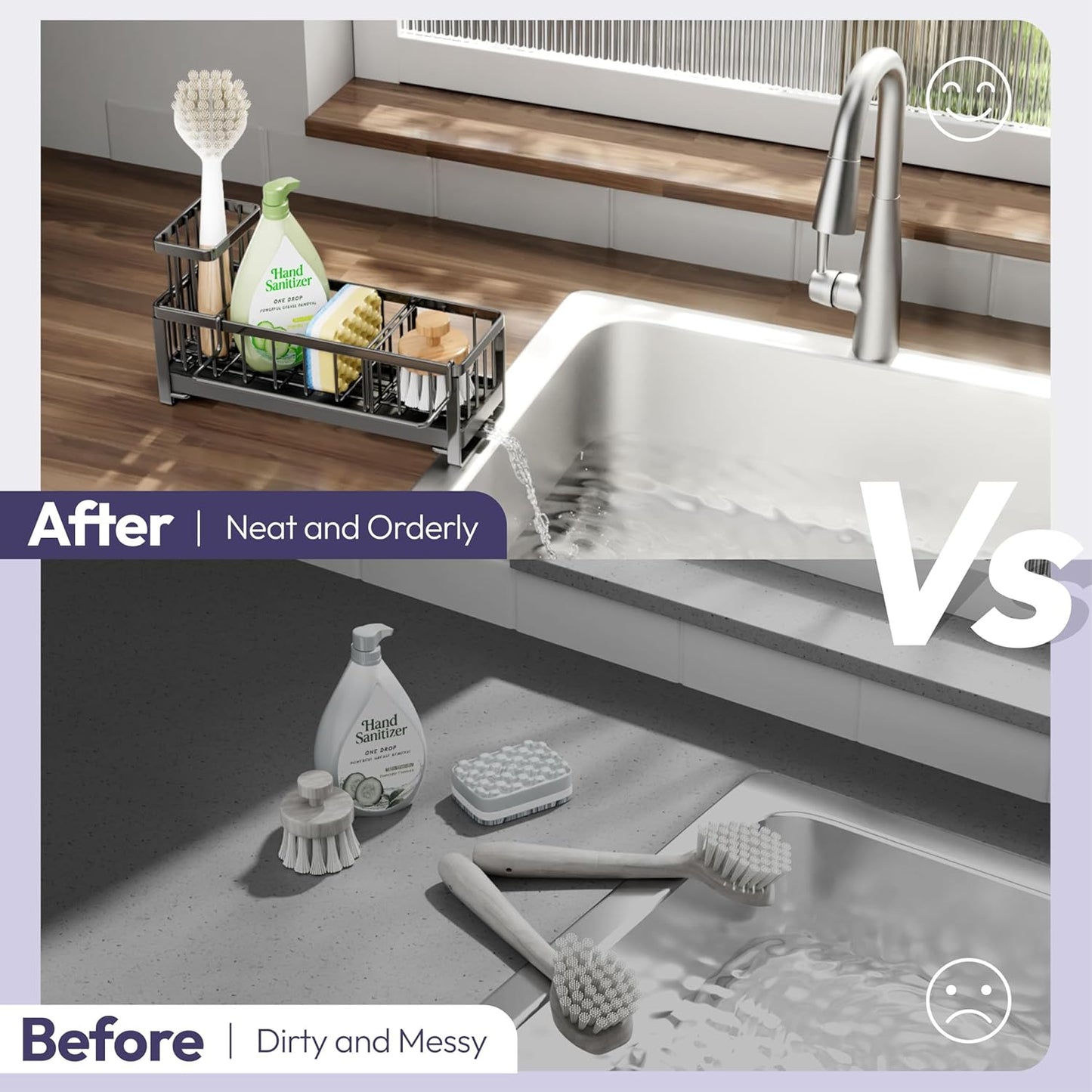 SWTYMIKI Sponge Holder for Kitchen Sink - Sink Caddy with Brush Holder Self-draining Sponge Caddy Organizer with Divider Stainless Steel Kitchen Accessories Storage for Countertop, Black