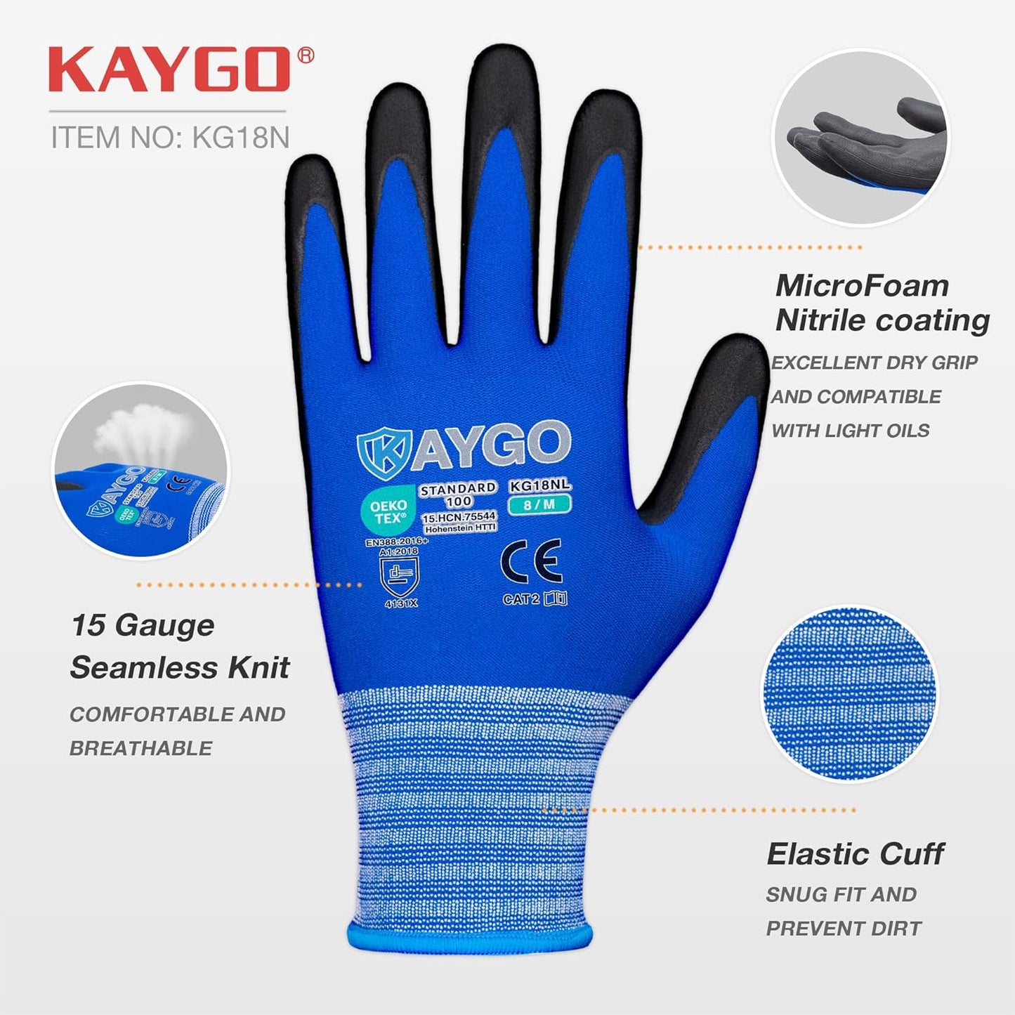KAYGO Safety Work Gloves MicroFoam Nitrile Coated, 3 Pairs, KG18NB,Seamless Knit Nylon Glove with Black Micro-Foam Nitrile Grip,Ideal for General Purpose,Automotive,Home Improvement,Blue,S