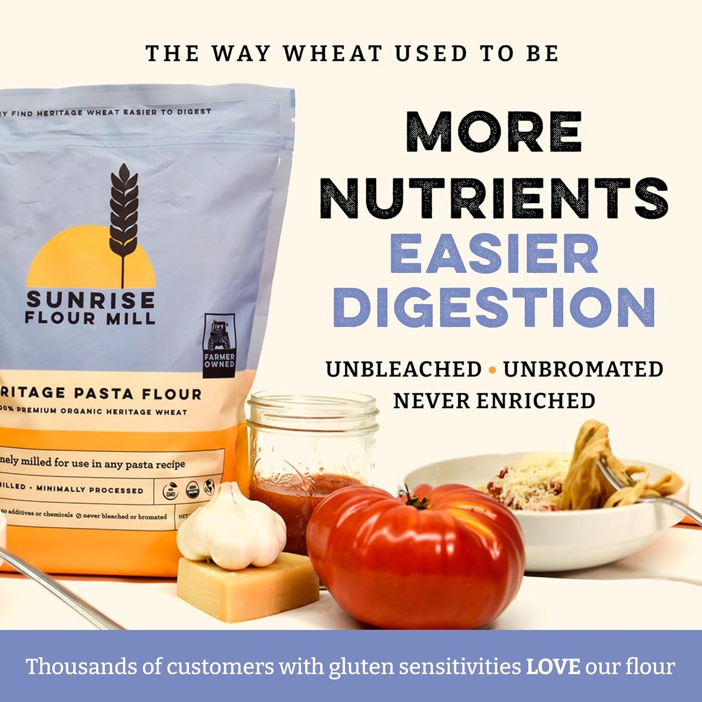 Sunrise Flour Mill USDA Organic Heritage Pasta Flour - 2 lbs | Milled from Hard Red Wheat | Easier to Digest with Less Bloating | No Bleaching or Bromating | Zero Additives