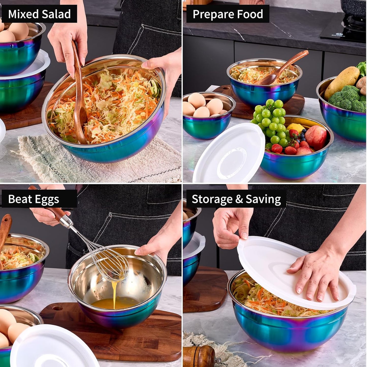 Rainbow Mixing Bowls with Lids Set of 5, Stainless Steel Nesting Bowl with Khaki Lid for Non-slip Mixing Prepping Storing Serving, 5 Sizes-5.5/3.6/2.7/2.1/1.5 QT