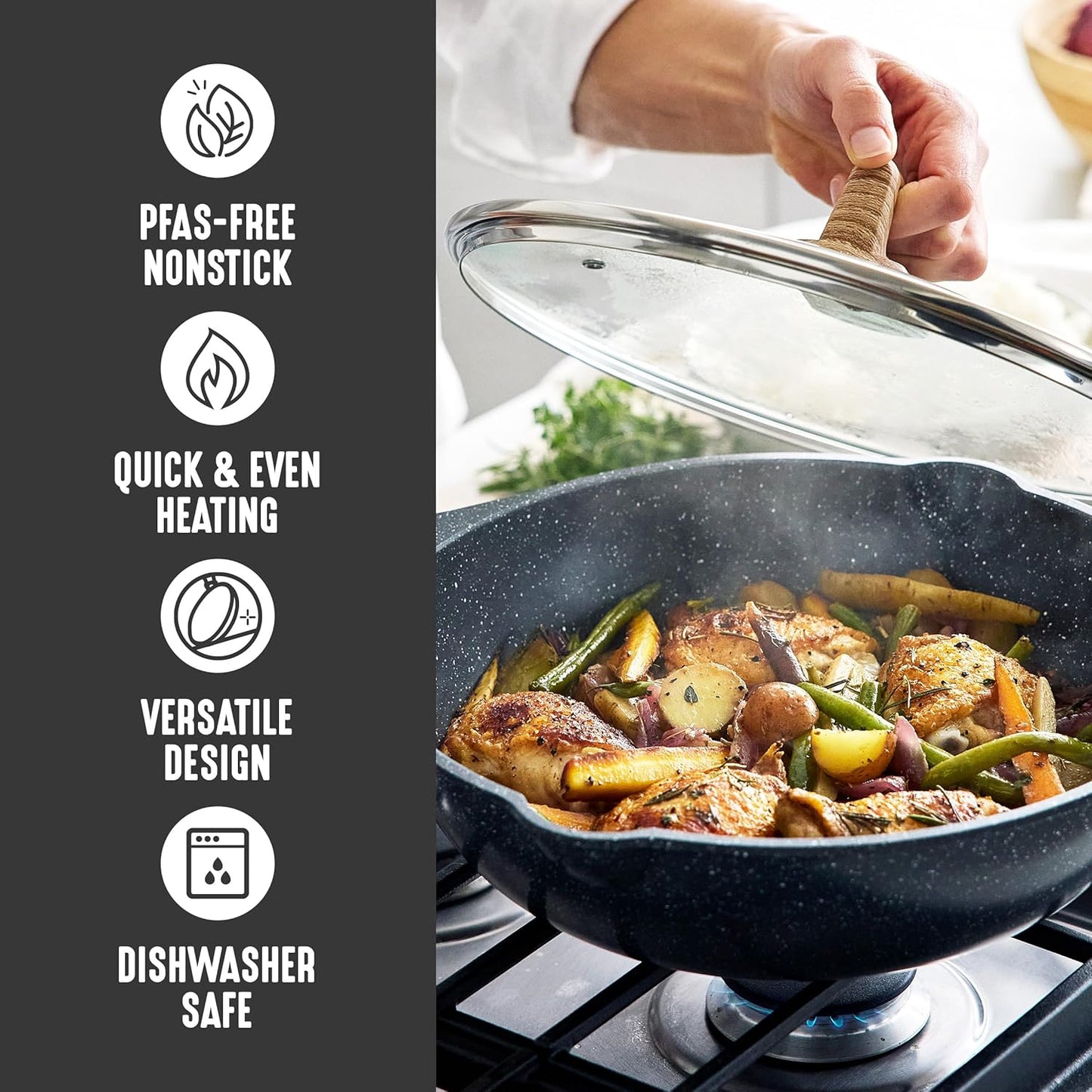 GreenLife Nonstick 12” (5QT) All in One Deep Skillet Wok with Lid, PFAS-Free Non-Toxic Ceramic Multi-Purpose Pan, Induction, All Stovetop, Egg, Stir Fry, Saute, Stay Cool Handle, Granite Black