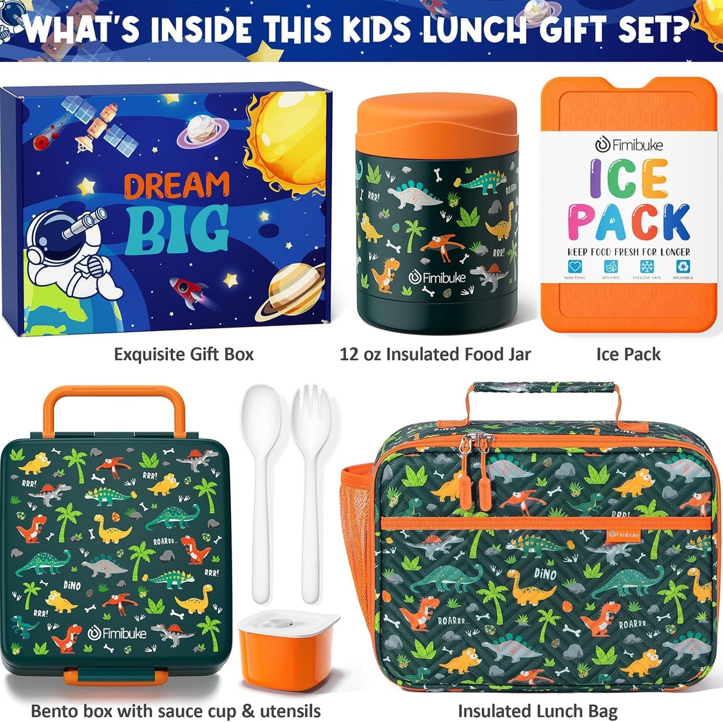 Fimibuke Kids Bento Snack Lunch Box with 4 Compartment, Insulated lunch Bag, Stainless Steel Vacuum Thermos Food Jar, Ice Pack, Utensils Set, Birthday Gift for Age 3-12 Back to School Toddler Girl Boy