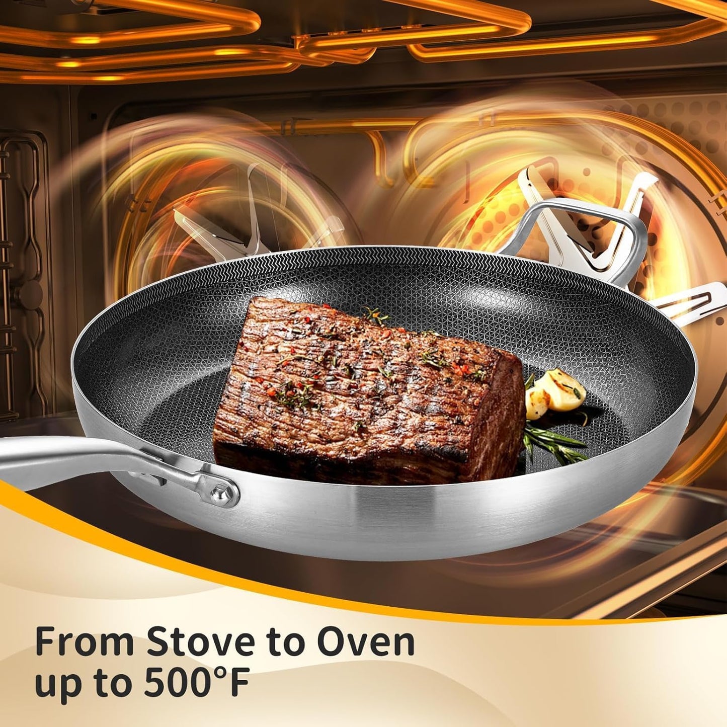 Inqibee 13-Inch Tri-Ply Hybrid Ceramic Non Stick Stainless Steel Frying Pan with Lid,Large Skillet,Induction Chef's Cooking Pan,Dishwasher and Oven Safe,Detachable Handle