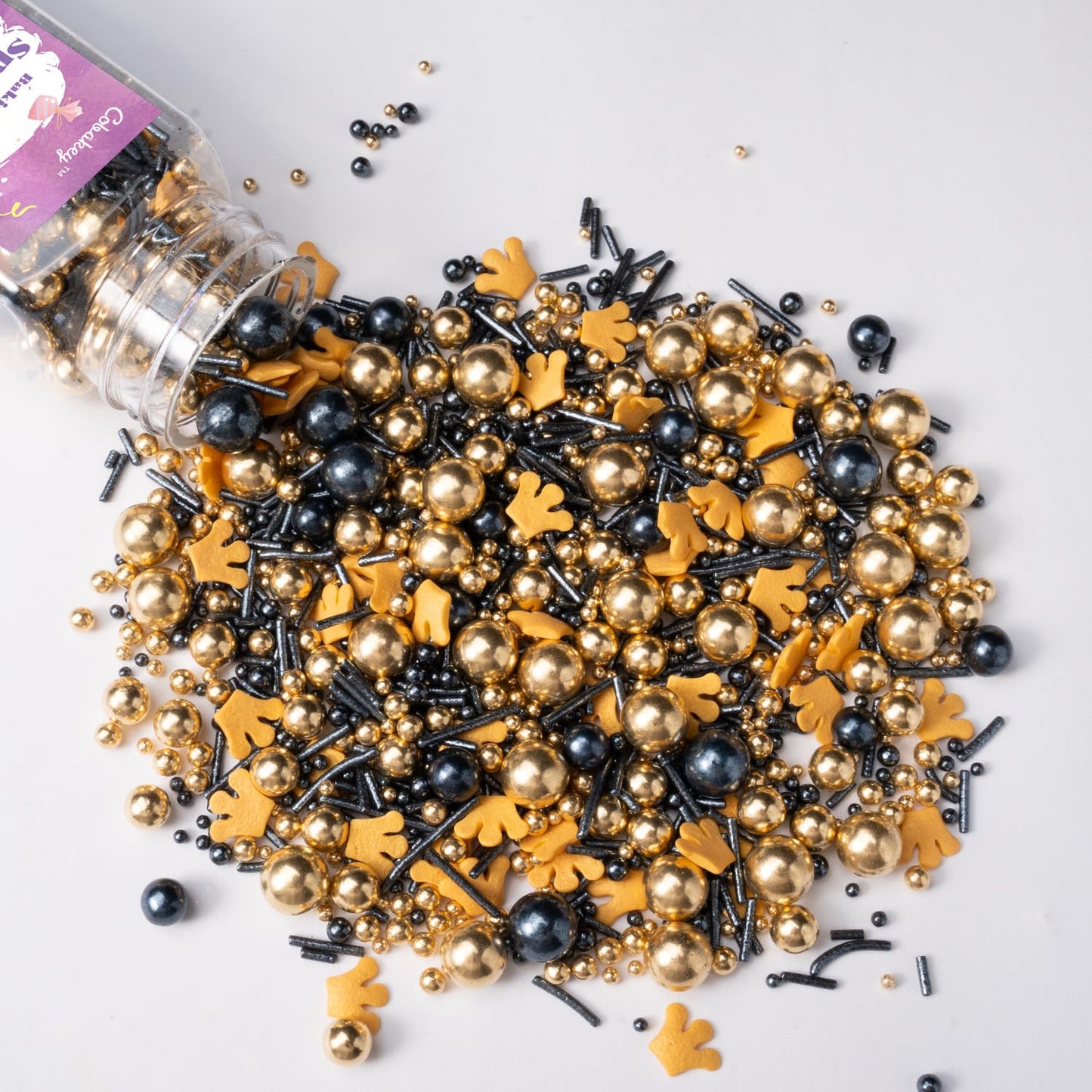 Royal Crown Black and Gold Sprinkles for Cake Decorating 4.23ounce - Sugar Mix Contains Jimmies & Pearl Sprinkles for Cupcake Toppers, Ice Cream, Candy, Cookie Decorations - Holiday Party Supplies