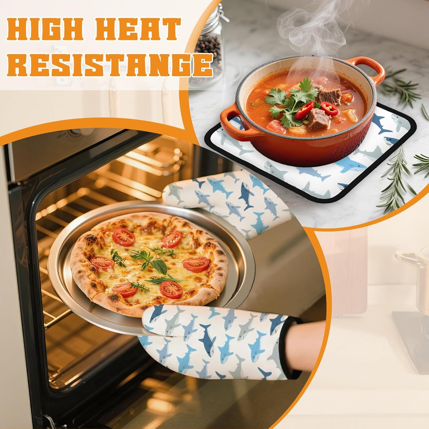 Cute Shark Oven Mitts and Pot Holders Set,Kitchen Decor Heat Resistant Non Slip Hot Pads and Oven Mitt for Chef Cooking Baking BBQ Mom Girl Gifts(4 Piece Set)