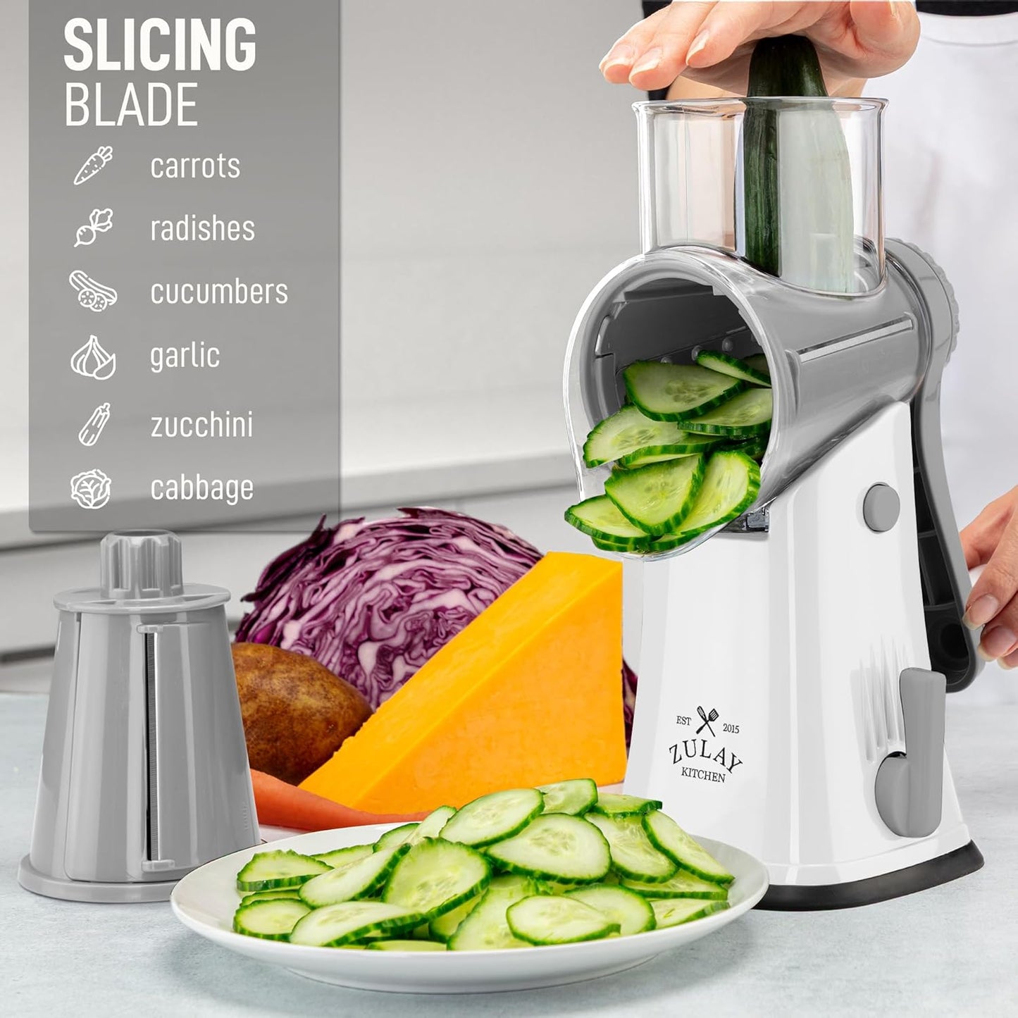 Zulay Kitchen Rotary Cheese Grater 5 Blade Cheese Shredder - Manual Hand Crank Cheese Grater With Reinforced Suction & 5 Interchangeable Drums - Easy to Use, Vegetable Chopper Round Mandoline Slicer