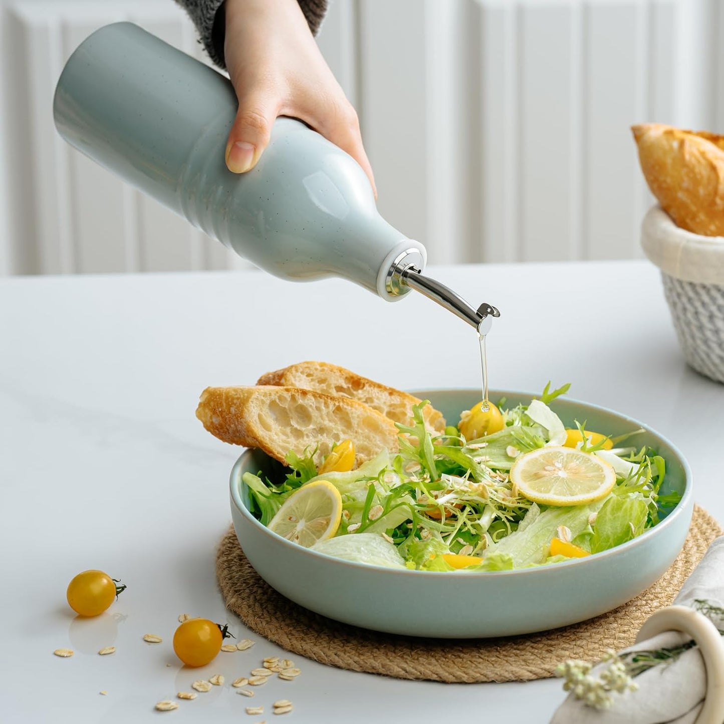 famiware Jupiter 16oz Ceramic Olive Oil Dispenser Bottle, 1 Piece Oil Dispenser for Kitchen with Stainless Steel Pourers, Suitable for Storage Vinegar, Soy Sauce, Coffee Syrup, Light Blue