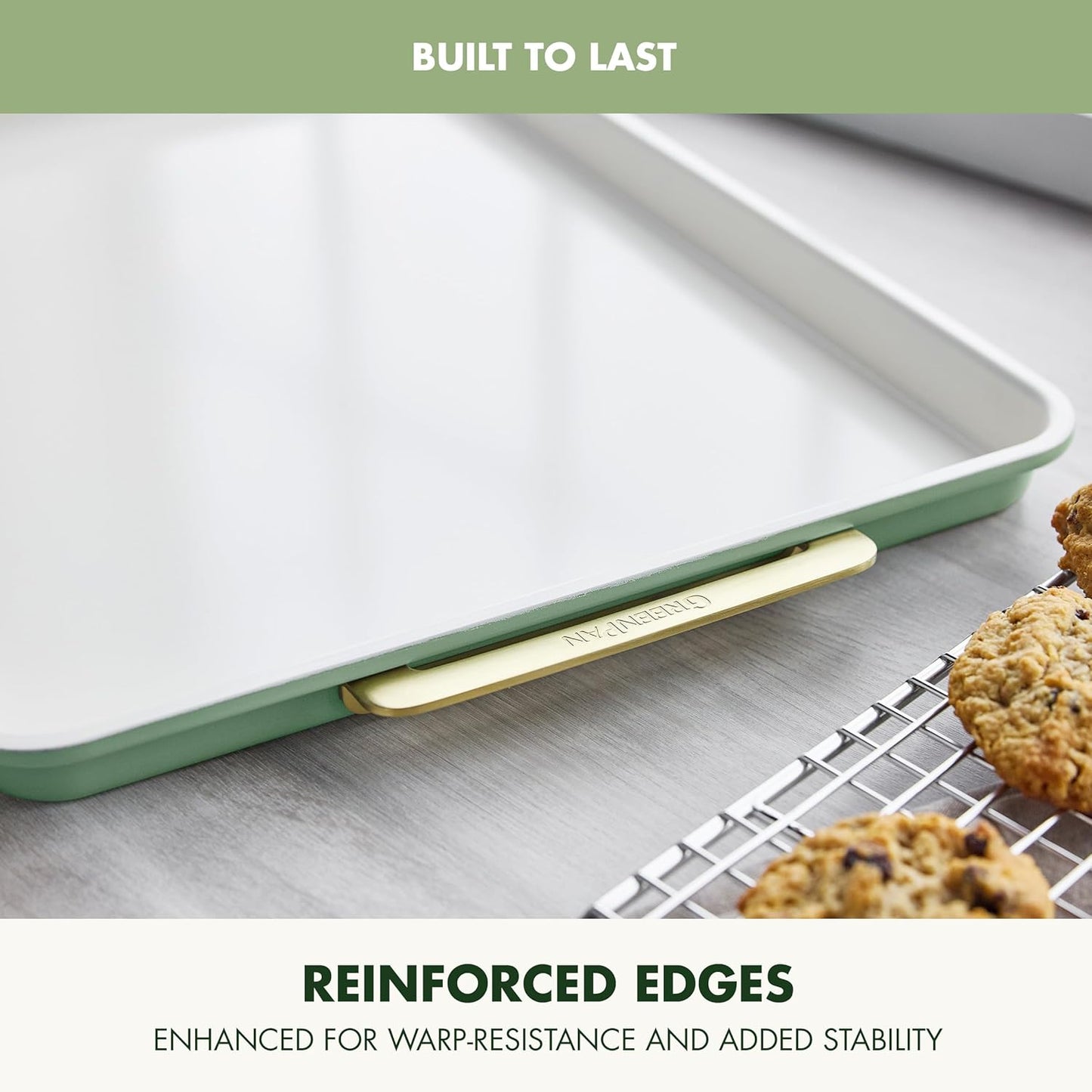 GreenPan Bakeware 13"x18" Half Baking Sheet Pan, Ceramic Nonstick Baking Pan, PFAS & BPA Free, Gold Handles, Durable Steel, Versatile & Space Saving Ovenware, Freezer to Oven Dish, Sage Green