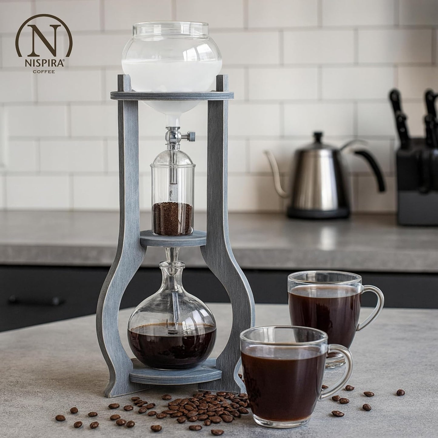 Nispira Iced Coffee Cold Brew Drip Tower Coffee Maker Wooden, 6-8 cup, Grey