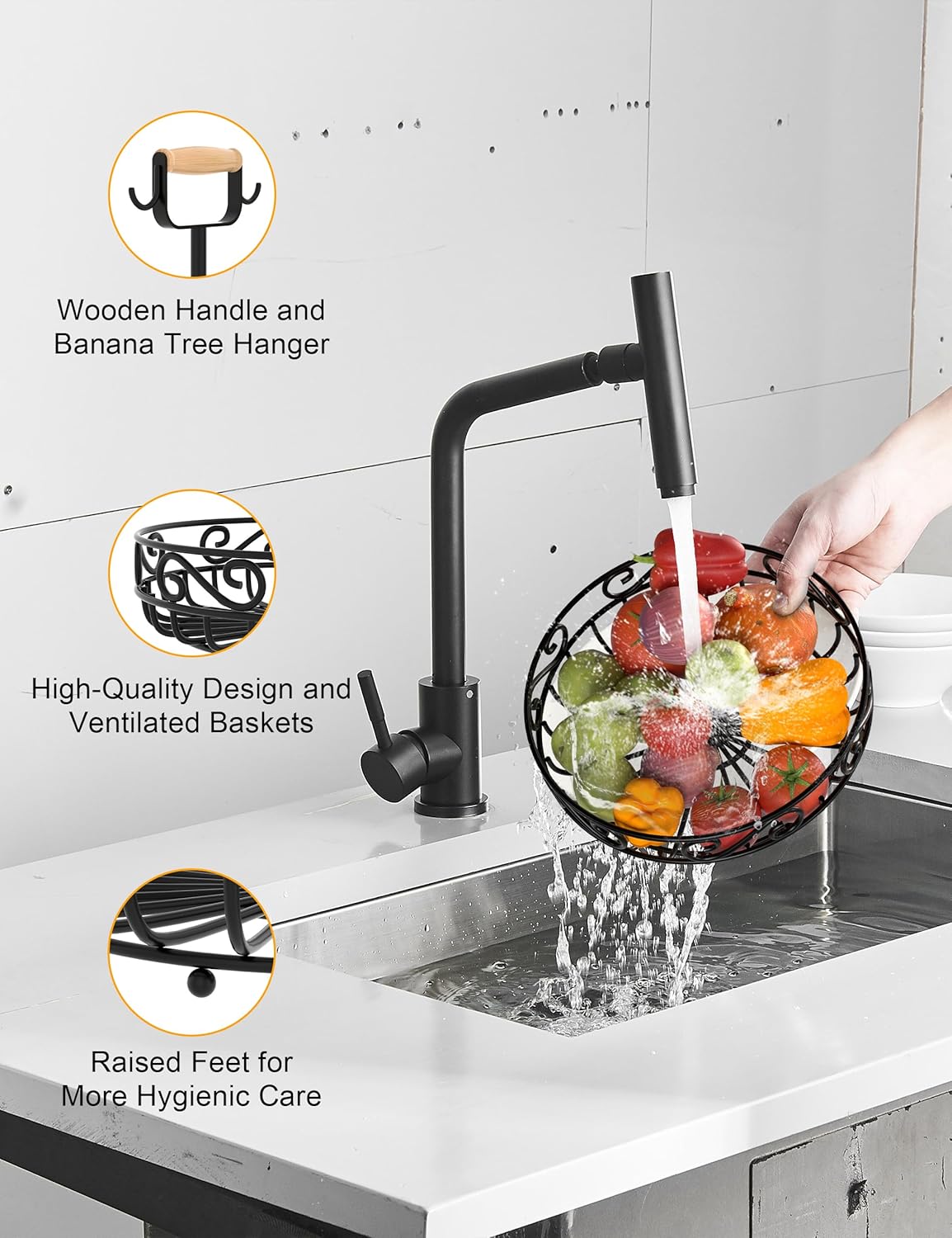 2-Tier 𝐅𝐫𝐮𝐢𝐭 𝐁𝐚𝐬𝐤𝐞𝐭 and Fruit Bowl - Fruit and Vegetable Storage with Banana Tree Hanger and Wood Handle, Fruit Basket for Kitchen Counter, for Bread Onions Potatoes Veggies Produce