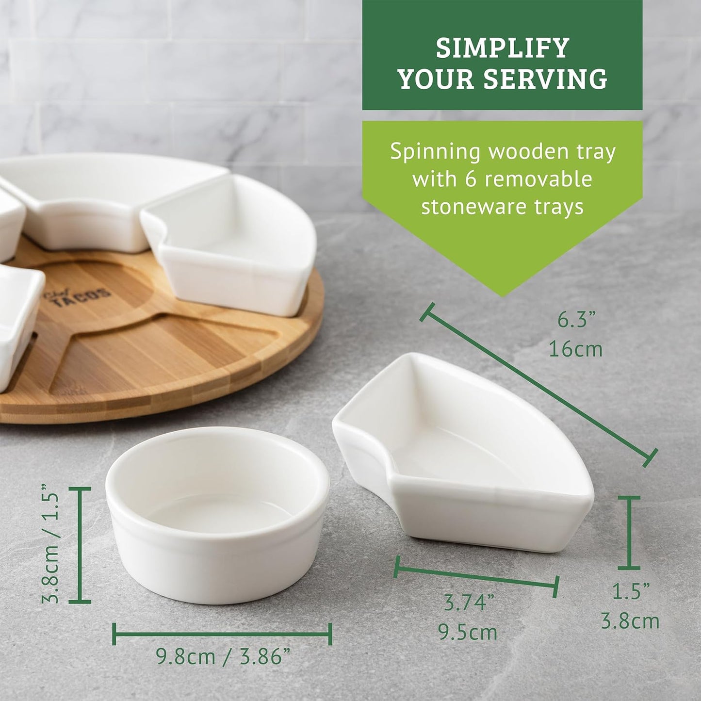 Ceramic Taco Serving Platter - Divided Serving Tray for Taco Tuesday Lazy Susan Taco Bar - Chip and Dip Serving Set for Party - Appetizer Serving Tray for Salsa, Snacks (10 in)