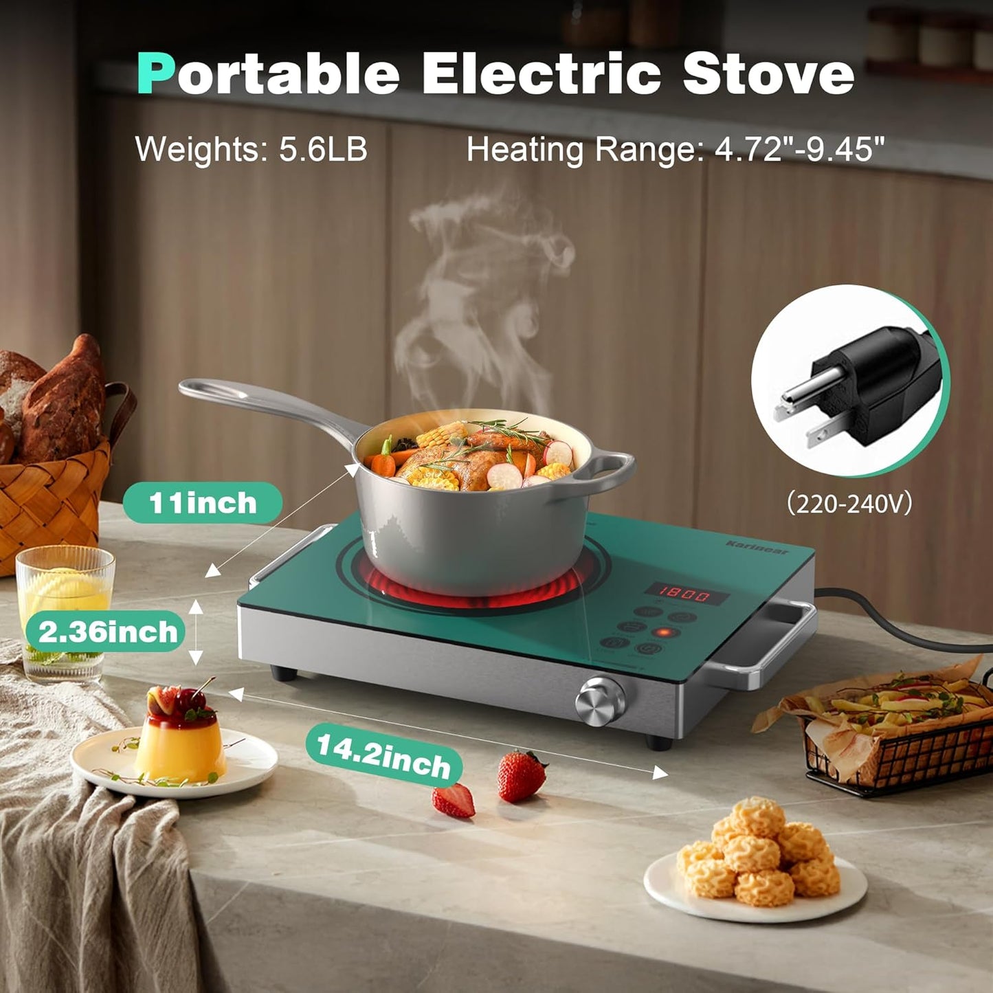 Karinear Portable Electric Stove 110V, 1800W Electric Hot Plate with Handle, Knob Control Single Burner Electri Cooktop, Ceramic Infrared Countertop Burner, Timer, Safety Lock(Green)
