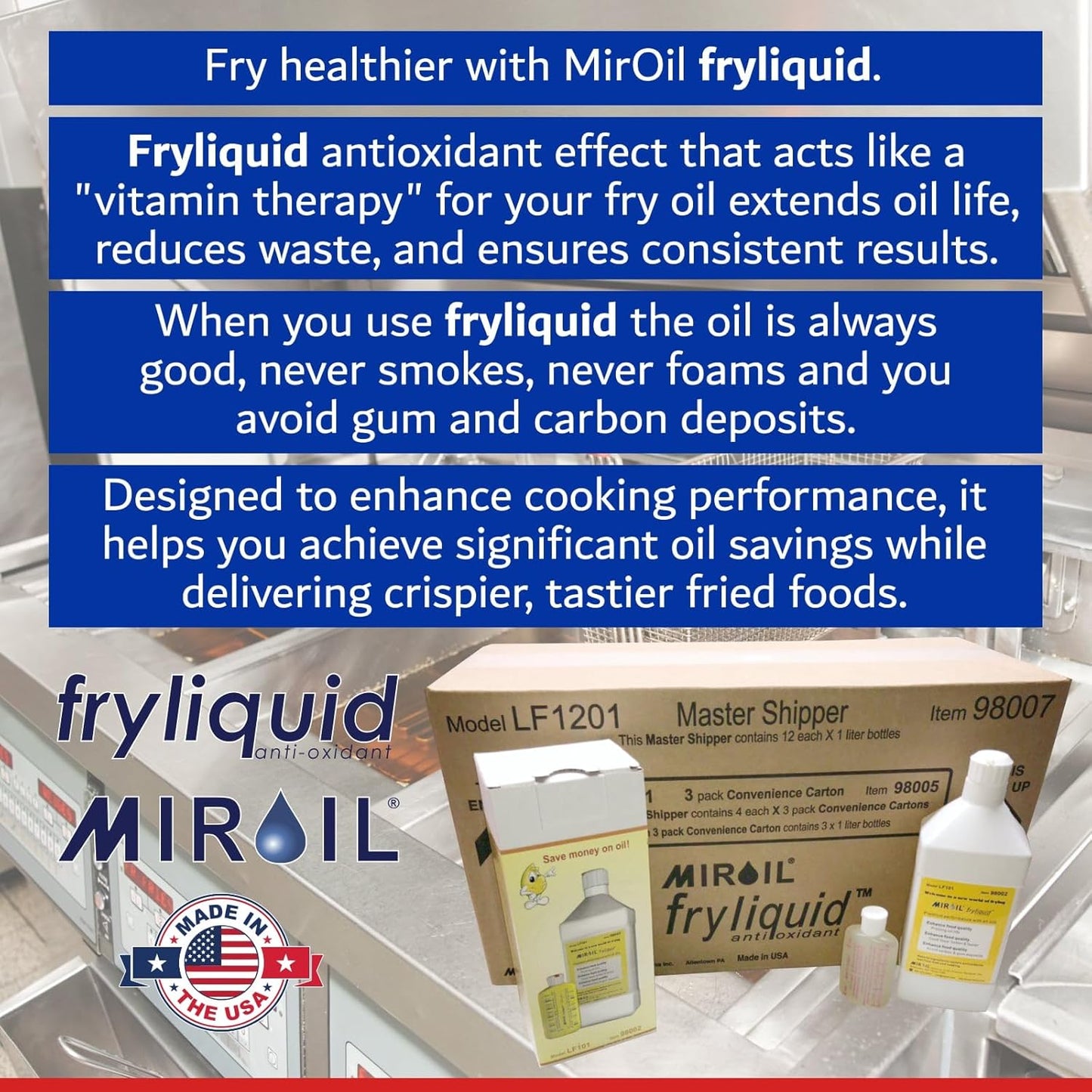 12 x 1 Liter Bottle FryLiquid by MirOil, Antioxidant & Removes Unhealthy Fats, Prevents Breakdown, Vitamin Therapy & Extends Deep Fryer Oil Life for Donut Shops, Restaurants, Food Truck & Food Service
