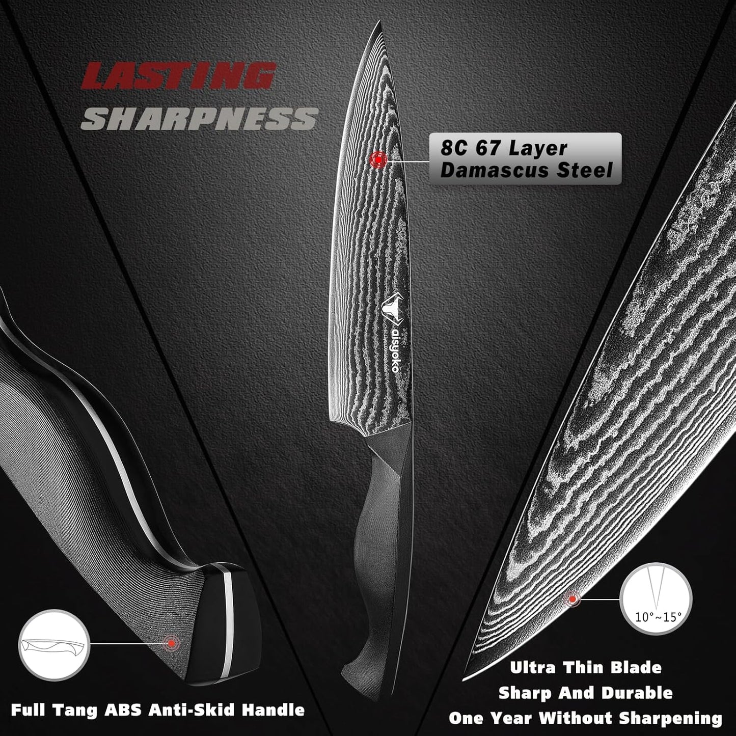 8C Damascus Knife Set - 3PC Chef's Knife, Kitchen and Paring Knives, High Carbon Stainless Steel, Ergonomic Full Tang ABS Anti-Skid Handle