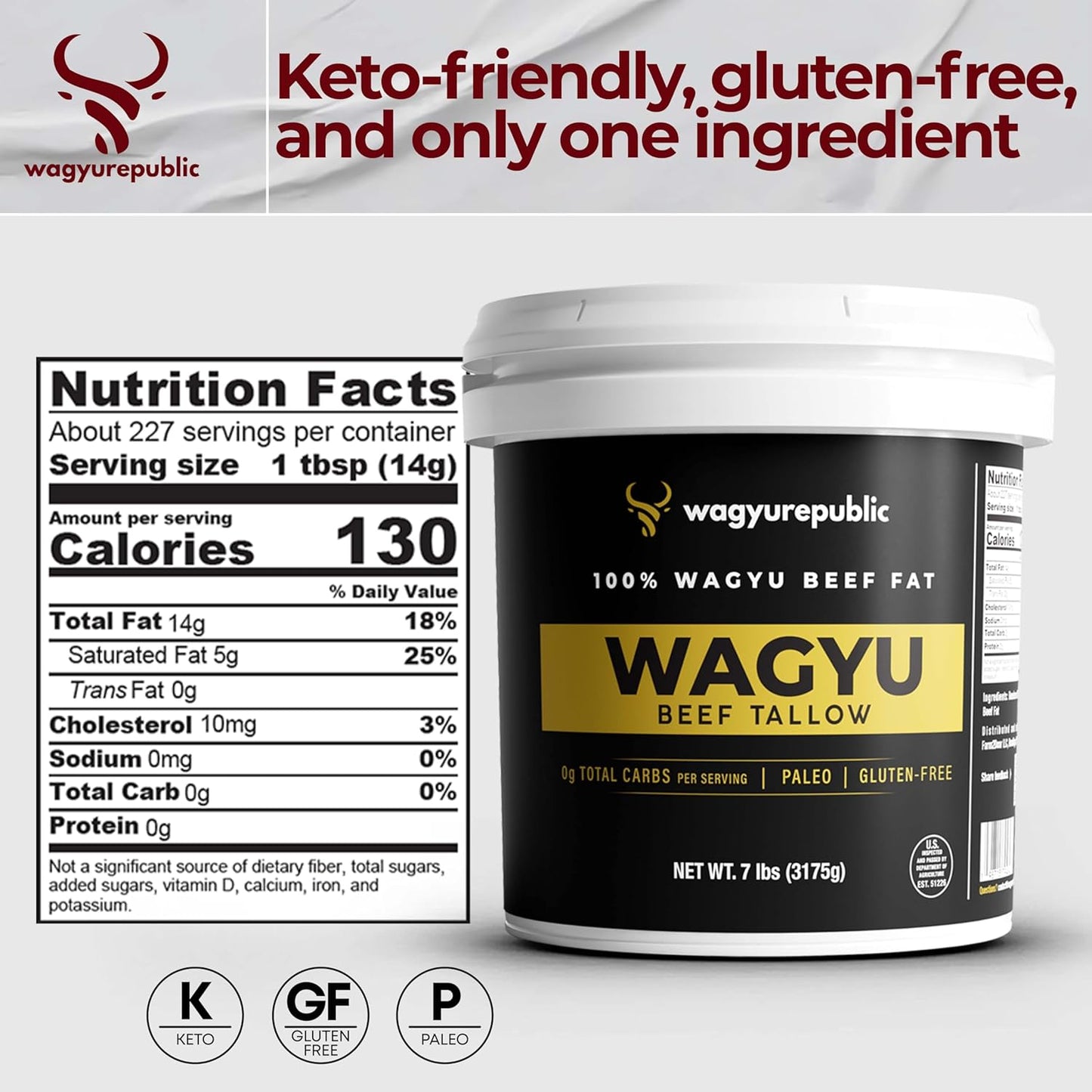 Wagyu Republic Beef Tallow ⎸ Grass Fed Wagyu Beef Tallow, Great for Cooking Steak or as Tallow Balm ⎸ Keto, Gluten Free Protein Snacks for Adults, Perfect for Whole 30 or Carnivore Diet ⎸7lbs
