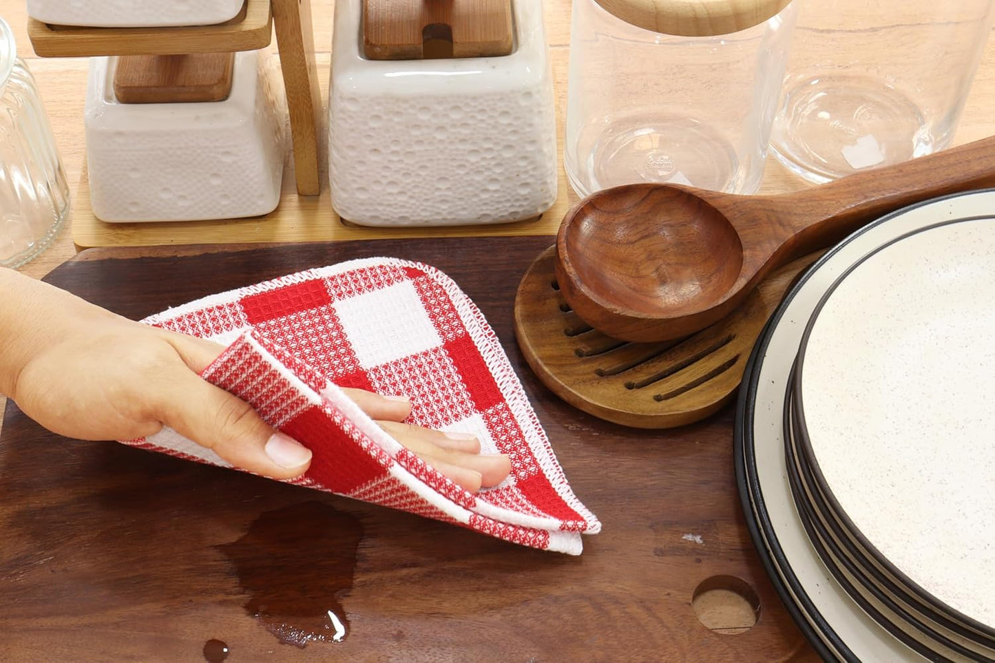 PurpleEssences Waffle Weave Plaid Dish Cloths, 100% Cotton - 12 x 12 Inches, Ultra Soft Absorbent Quick Drying Dish Towels Buffalo Check Dish Rags for Kitchen, 6 Pack - Spring Summer - Red and White