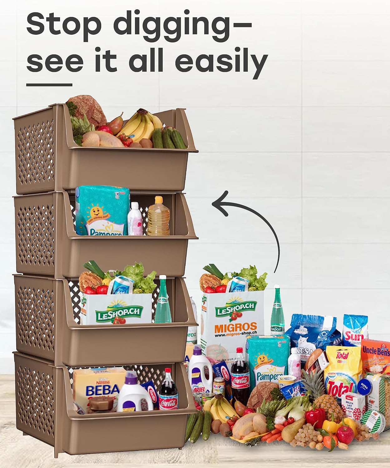 TidyFriend Stackable Storage Bins for Pantry - 4 Pack Medium Stackable Bins For Organizing Food, Kitchen, and Bathroom Essentials (Brown)