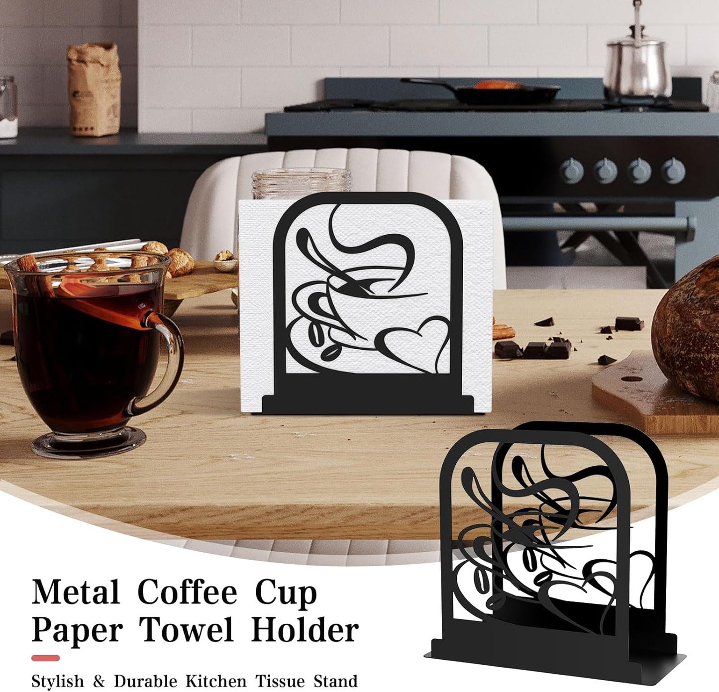 Modern Standing Napkin Holder for table, Black Metal Napkin Dispenser, Coffee time Theme Style Napkin Holder, Suitable for Kitchen, Coffee Shop, Dining Room
