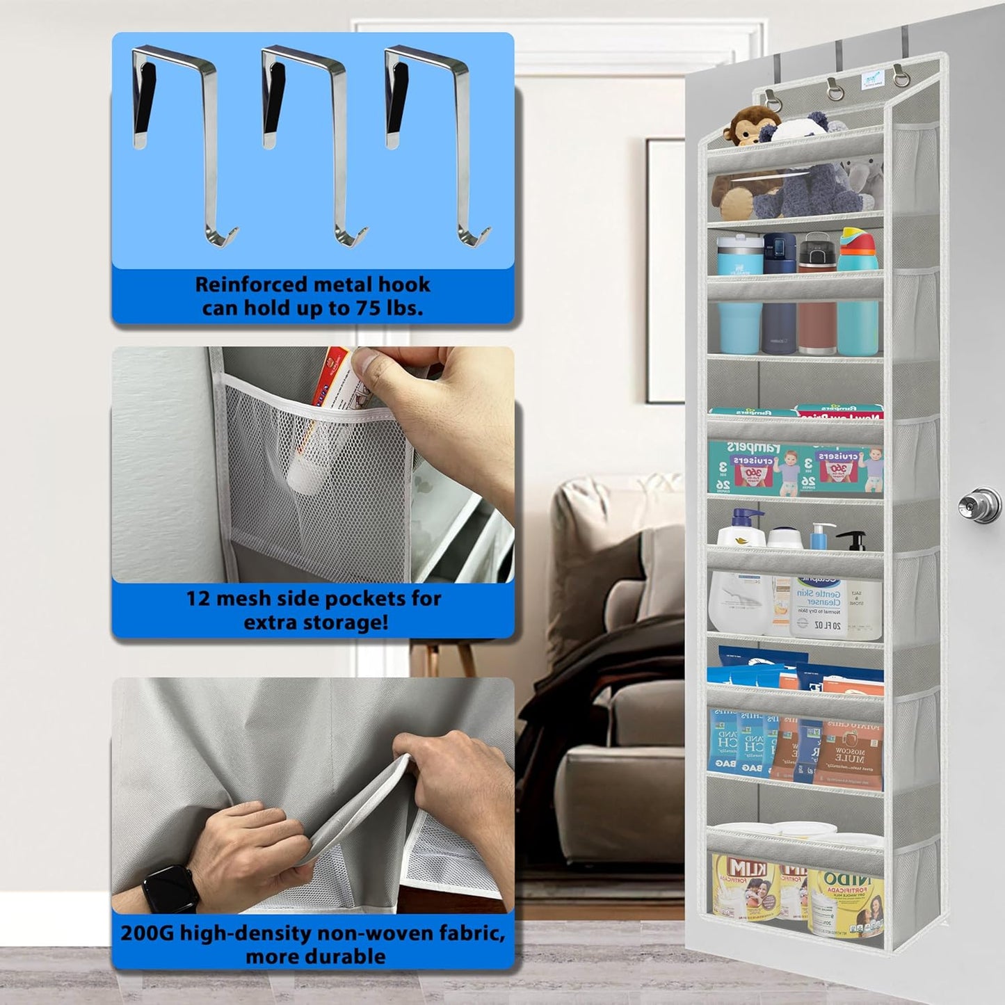 over the door organizer, Solid Bamboo Board (Not Plastic!) 6-Tier Heavy Duty 75LB, 12 Side Pockets, 3 Reinforced Hooks & Anti-Slip Pads, Waterproof & Washable, No Sagging, No Door Damage,Grey