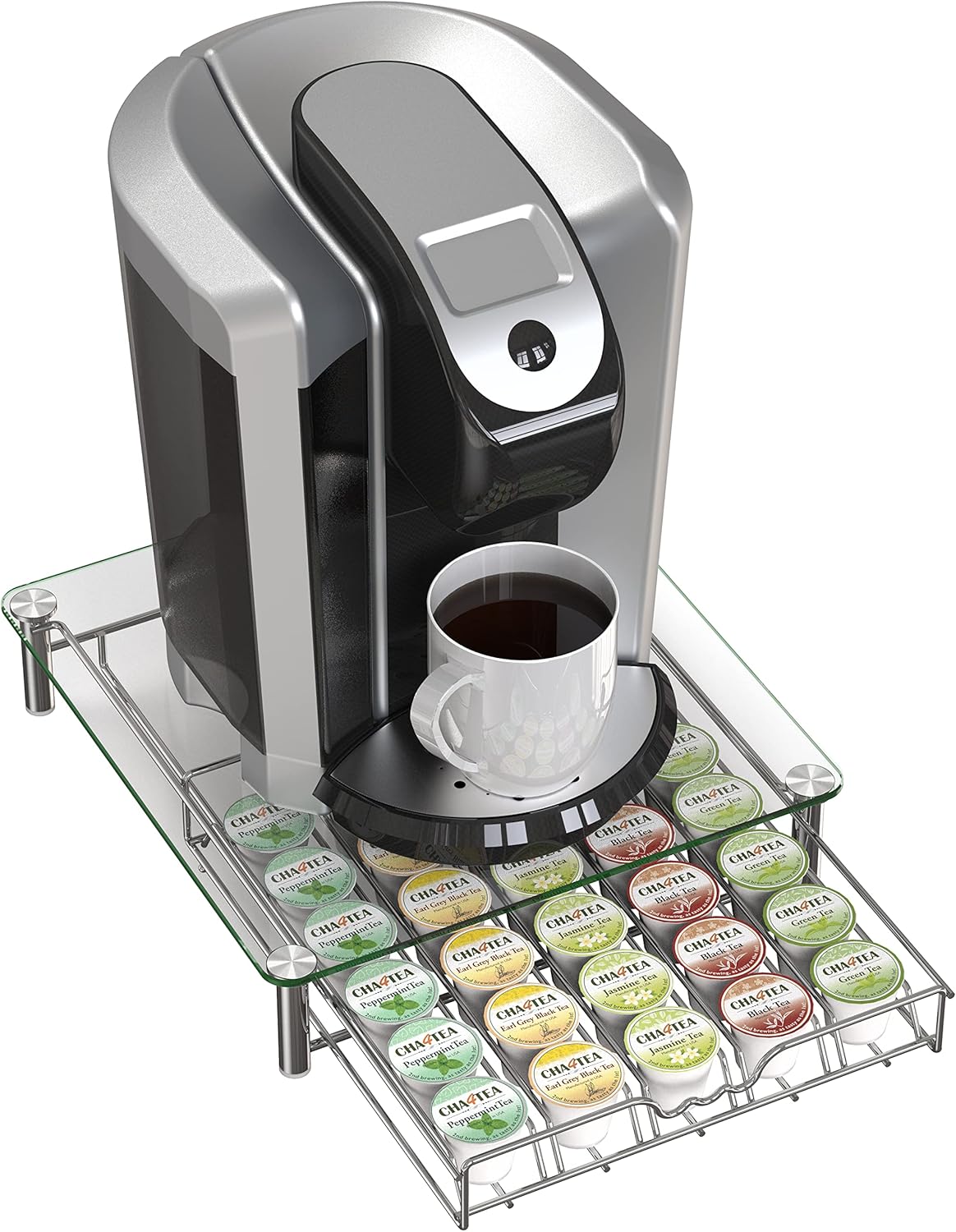Deco Brothers Crystal Tempered Glass K-Cup Holder Drawer for 30 Coffee Pods Storage, Chrome