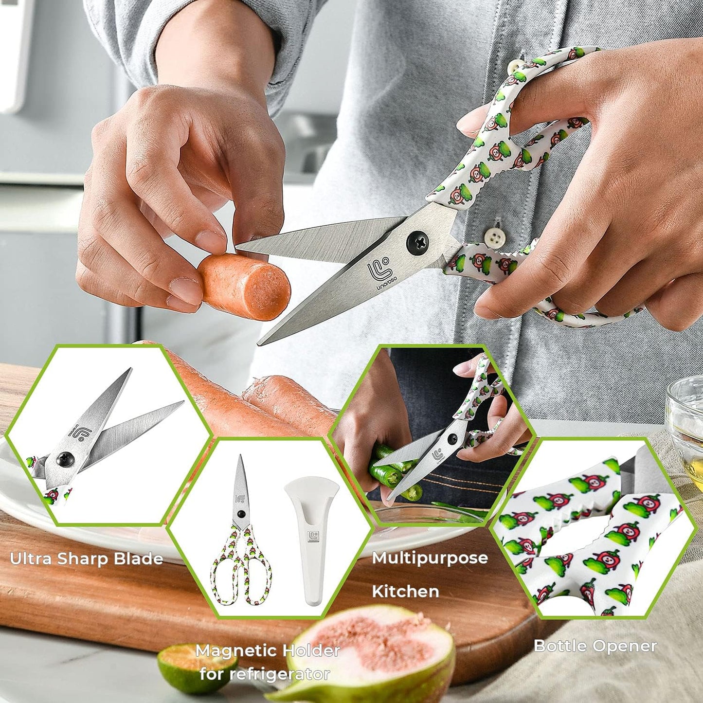 Linoroso Kitchen Scissors Heavy Duty Kitchen Shears with Magnetic Holder Made with Japanese Steel 4034, Multipurpose Ultra Sharp Cooking Scissors for Meat/Vegetables/BBQ/Herbs/Pizza (Graphic,Chili)