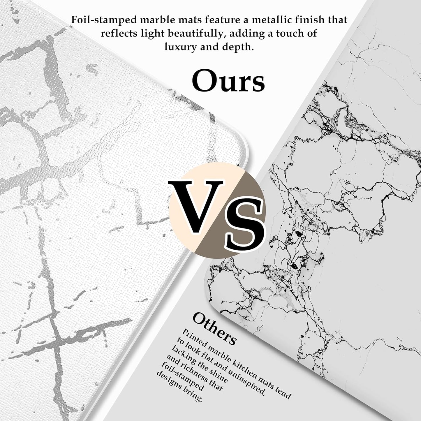 Silver Foil Stamped Marble Kitchen Mats for Floor 2PCS Cushioned Anti Fatigue Non Slip Waterproof Comfort Leather Kitchen Rugs 2/5 Inch PVC Kitchen Mats for Sink, Laundry, 17.3"x28"+17.3"x59",White