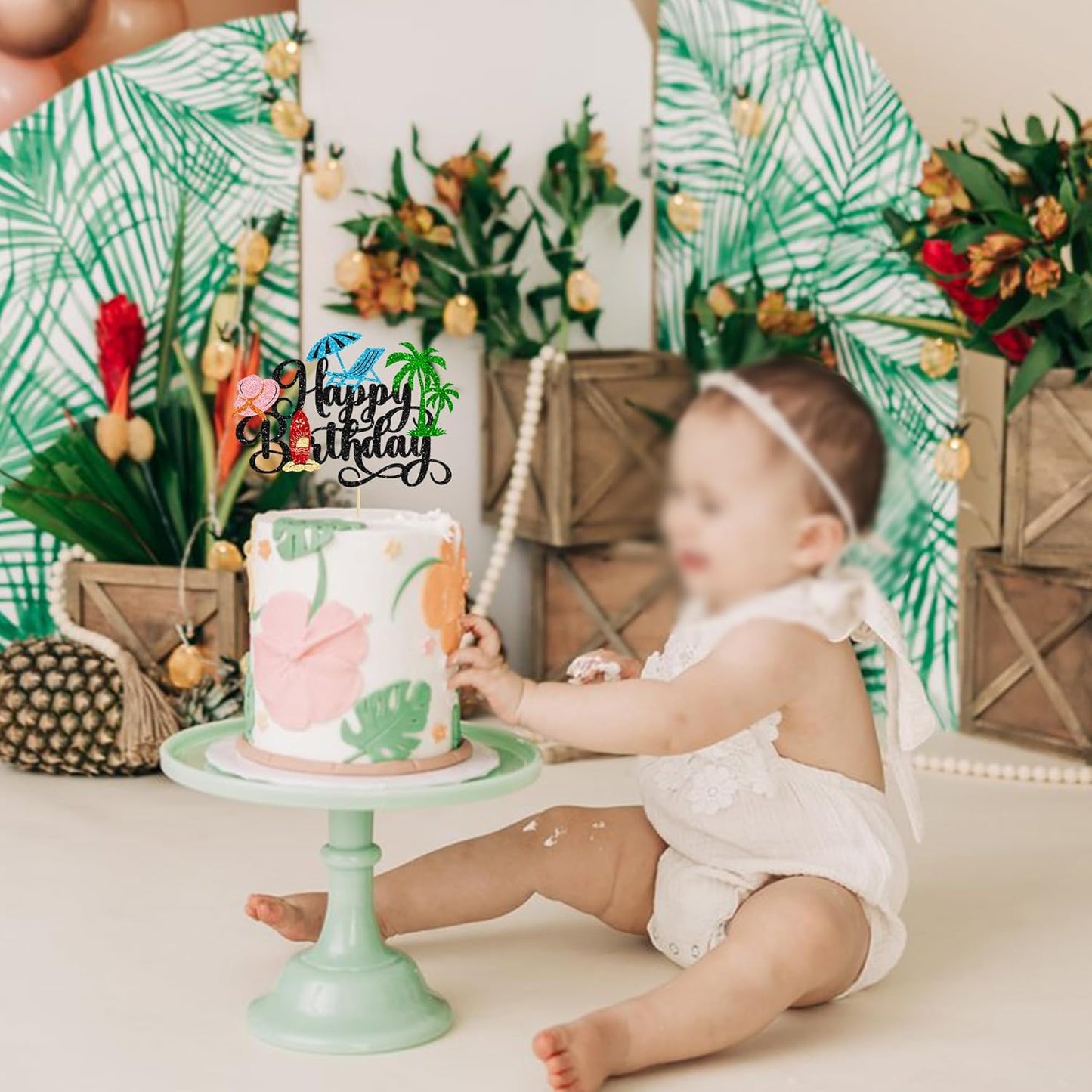 Gyufise 1Pcs Summer Beach Happy Birthday Cake Topper Glitter Ball Tree Umbrella Pool Cake Pick for Hawaiian Holiday Baby Shower Birthday Party Cake Decorations Supplies Black