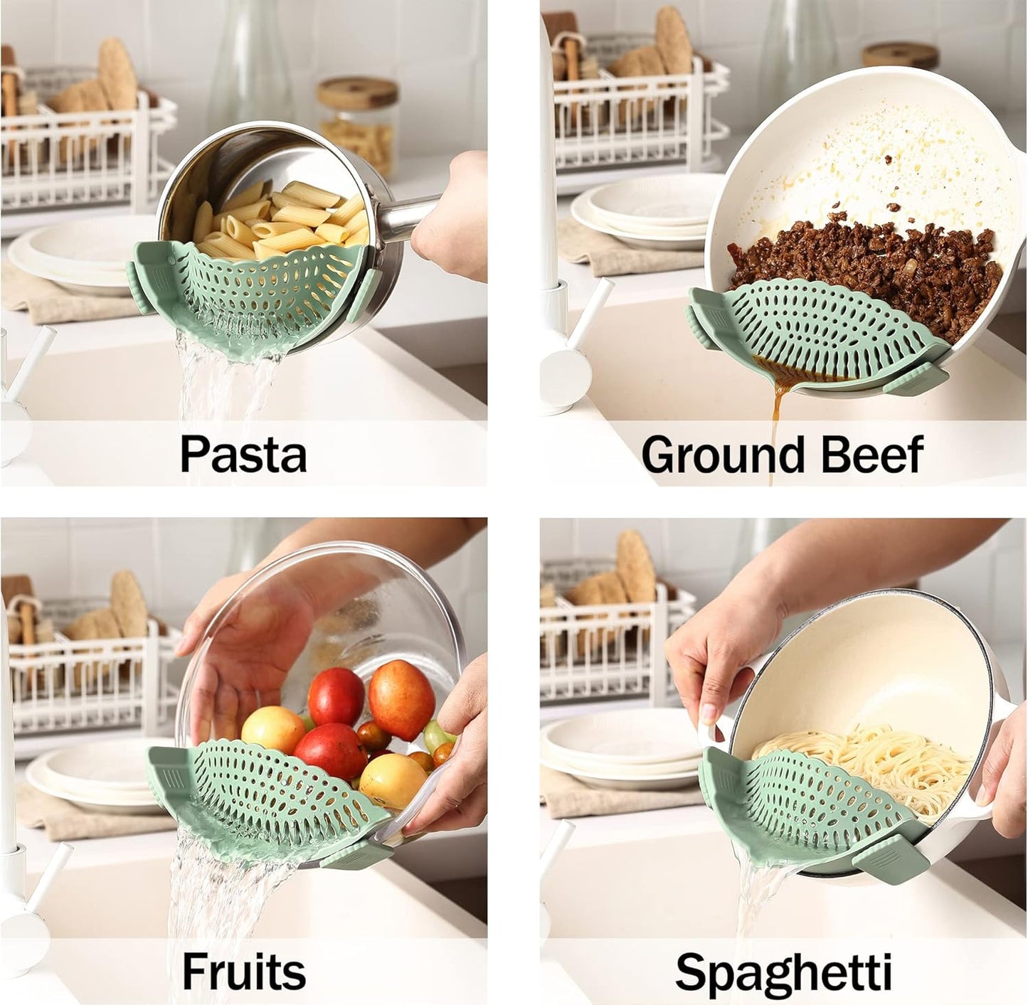 Adjustable Over the Sink Colander Strainer, Silicone Clip On Strainer for Pots Strainers and Plastic Colanders Drainer Basket for Food Pasta Vegetables Kitchen, Extendable 14.5"-19.5", Green