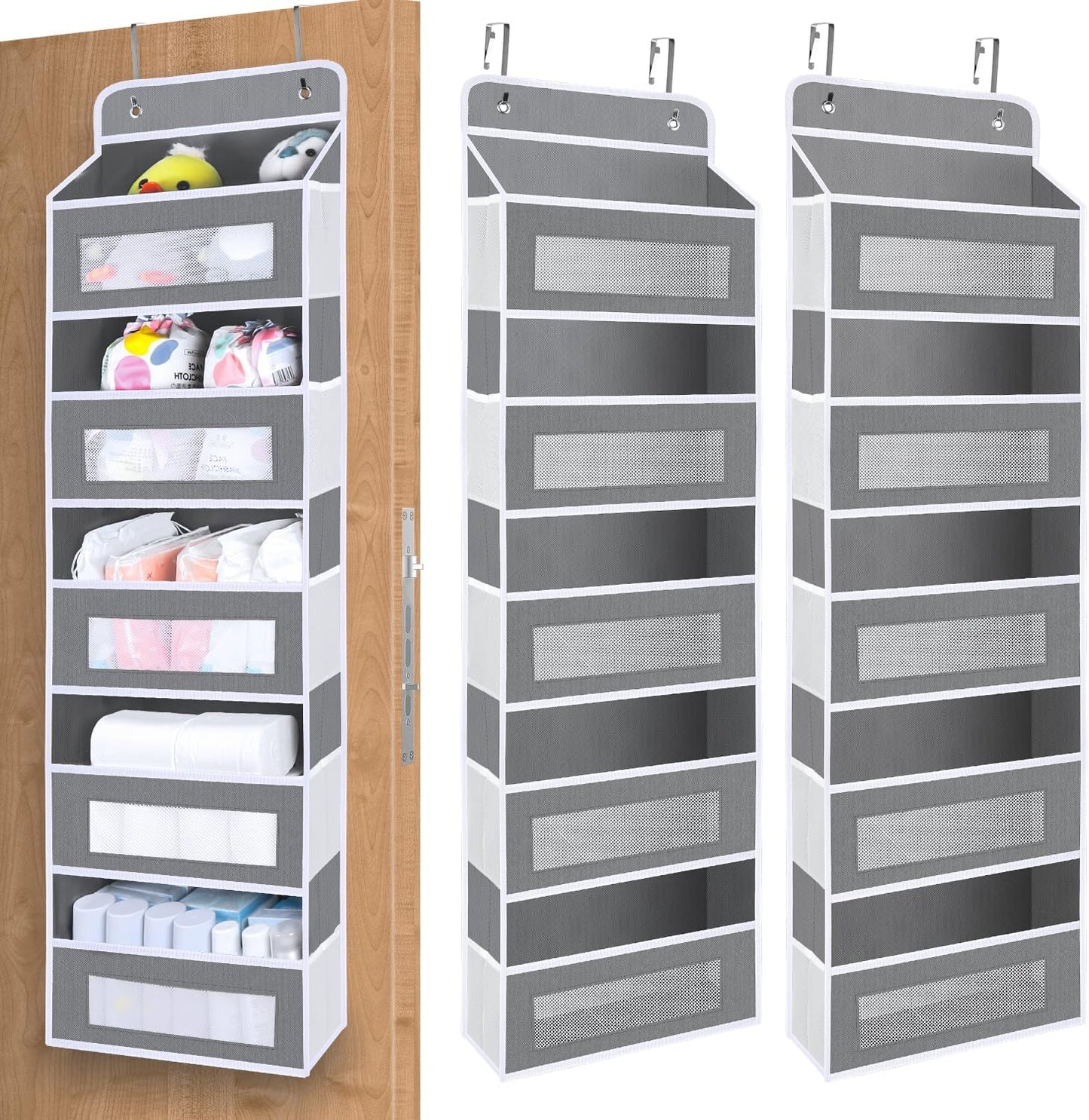 2 Pack Over The Door Organizer Storage, 5 Shelf Hanging Door Organizer with 10 Large Capacity Pockets, Anti Tilt 44 lb Load Behind Door Storage for Bedroom, Bathroom, Pantry, Nursery, (Grey)
