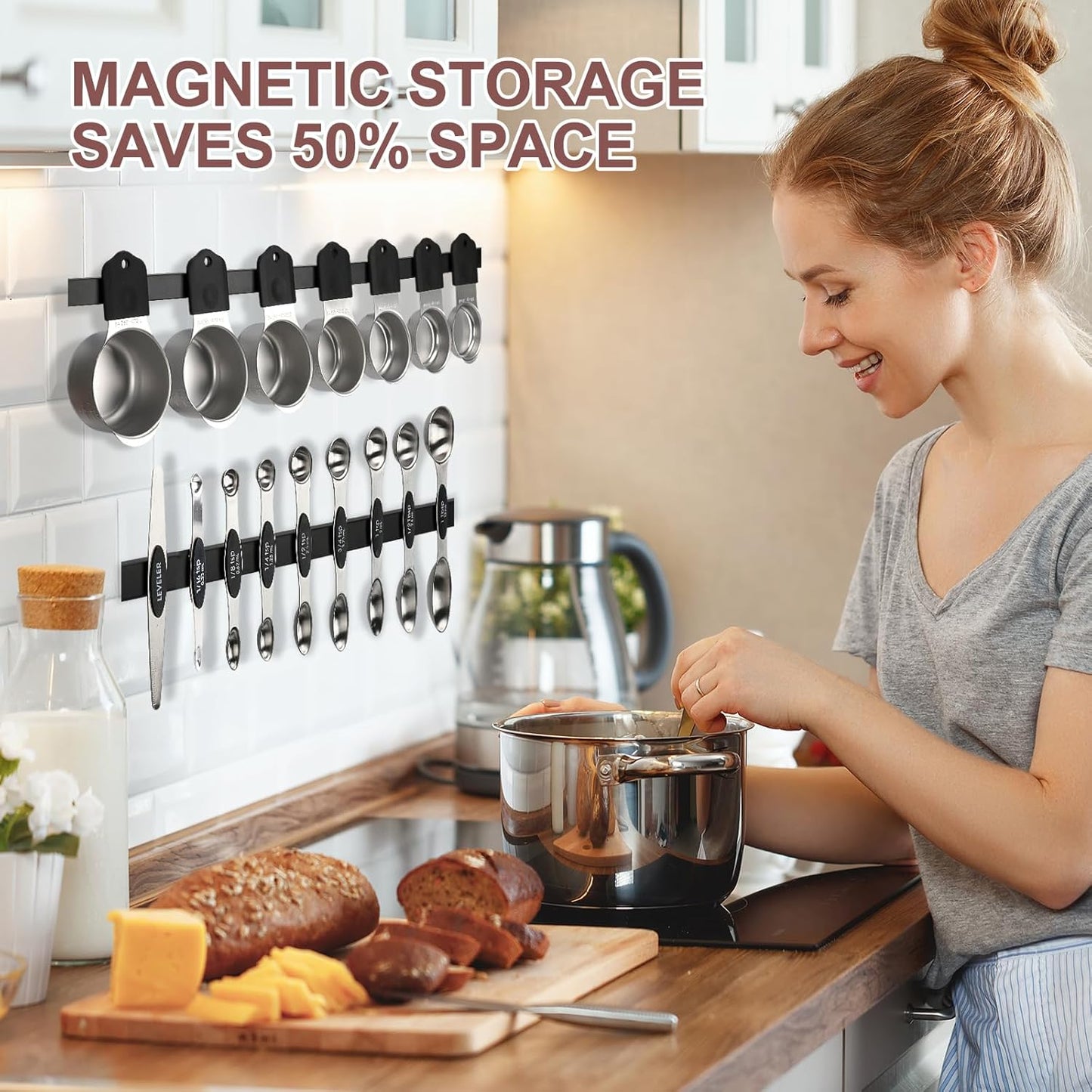 16-Piece Stainless Steel Measuring Cups and Spoons Set, Strong Magnetic Nesting Design 7 Cups 8 Spoons with Leveler, Double Measurement Markings for Dry & Liquid Ingredients, Black