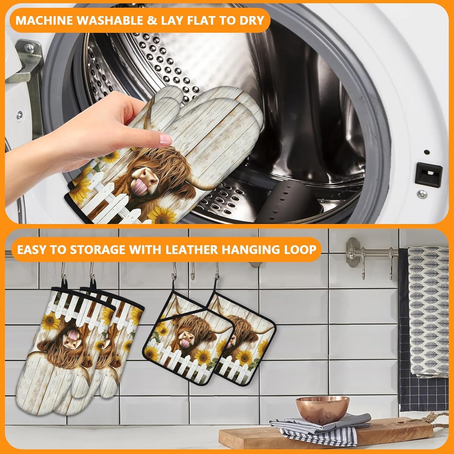 Sunflower Highland Cow Oven Mitts and Pot Holders Sets 4Pcs,Extra Long Oven Gloves Potholder for Kitchen Cooking Baking BBQ 100% Cotton Heat Resistant