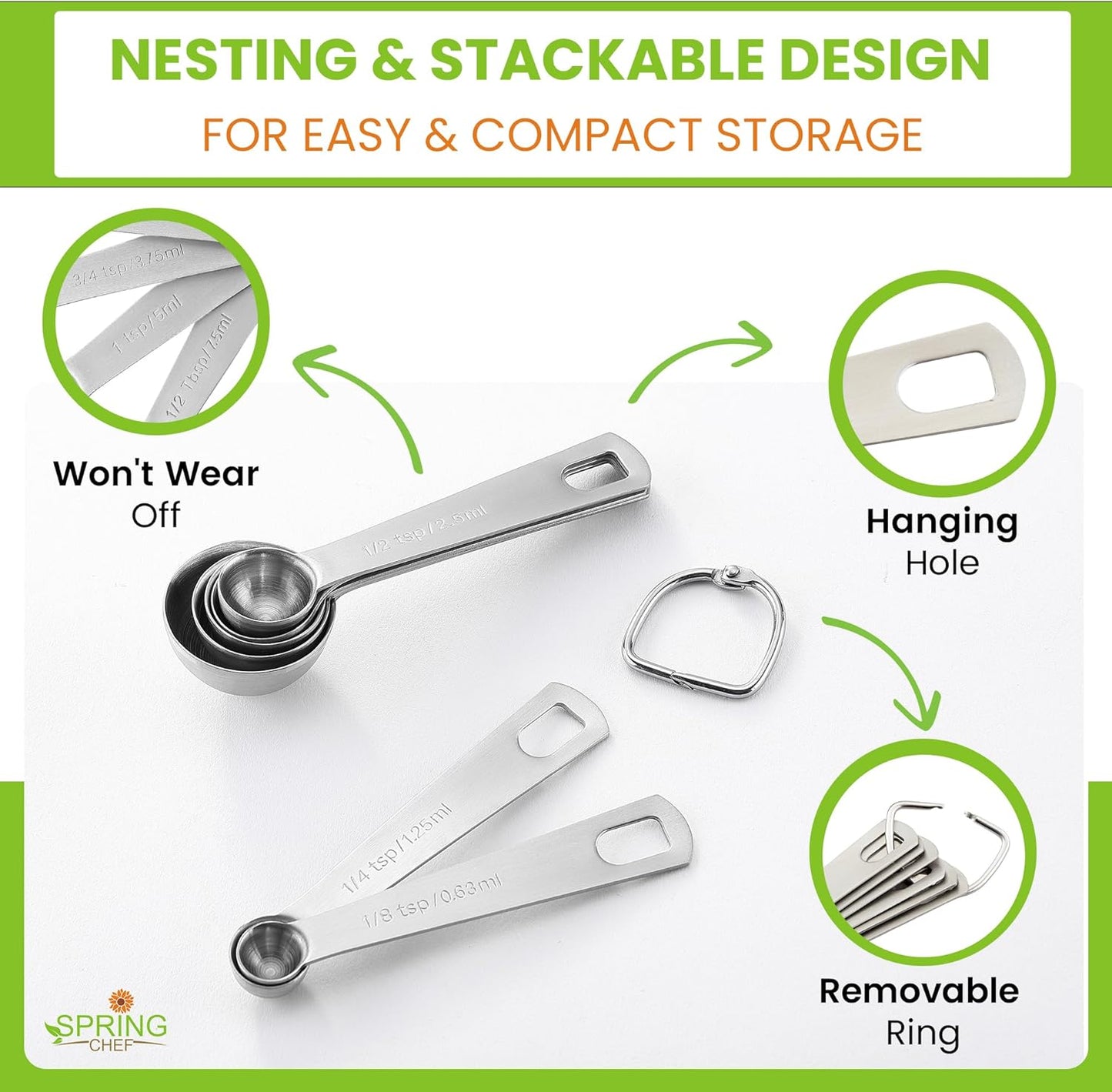 Spring Chef Stainless Steel Measuring Spoons Set of 8 with Leveler, Round Metal Teaspoon & Tablespoon Measuring Spoons - Nesting Kitchen Gadgets For Baking & Cooking, Dry & Liquid Ingredients