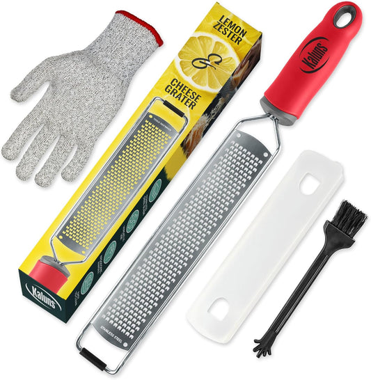 Lemon Zester & Parmesan Cheese Grater - Premium Citrus Zester Graters For kitchen W Stainless Steel, For Chocolate, Garlic, Ginger, Nutmeg, Fruits, Vegetables - Bonus Cleaning Brush & Glove
